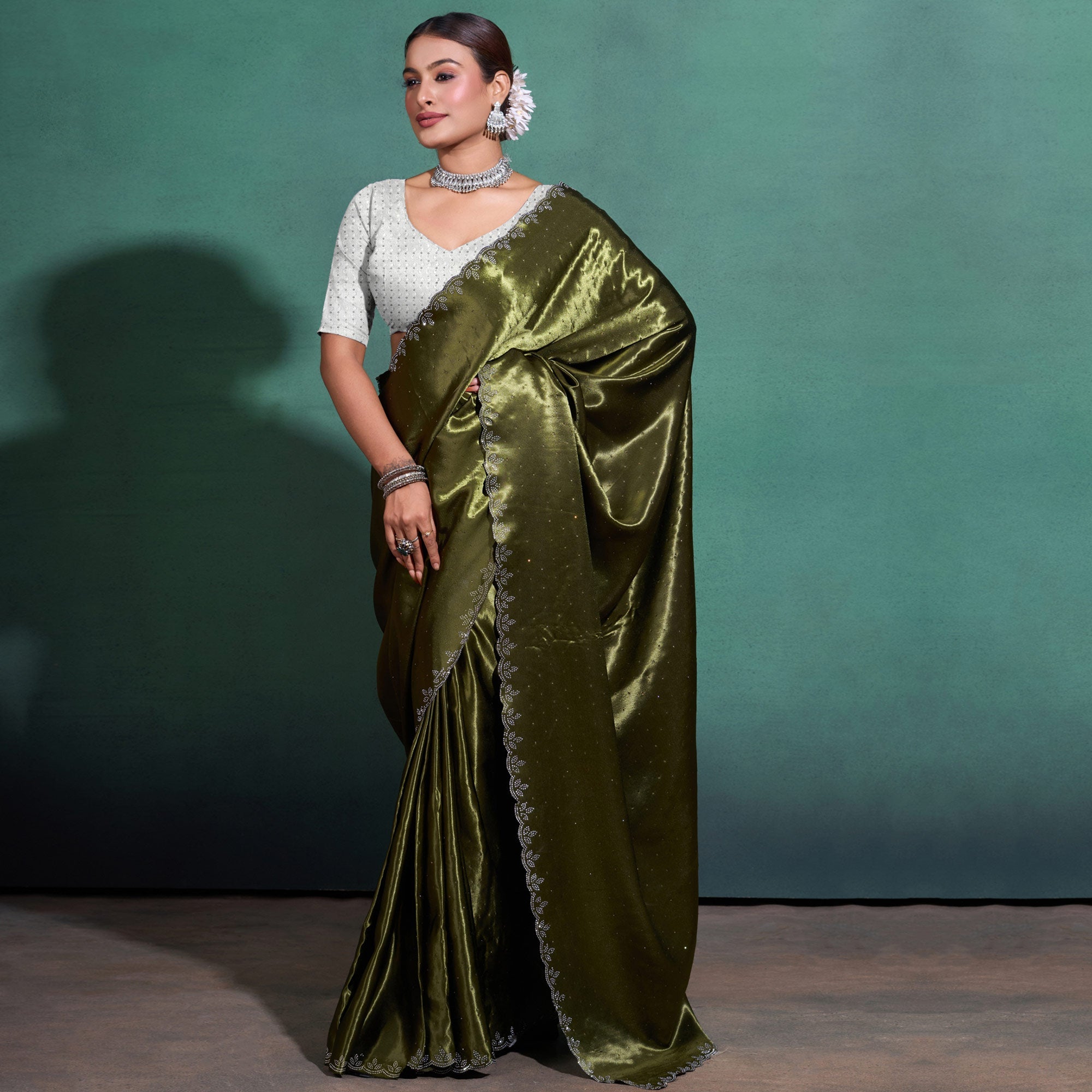 Peachmode Mehandi Green Swarovski Work Embroidered Satin Saree - view 2