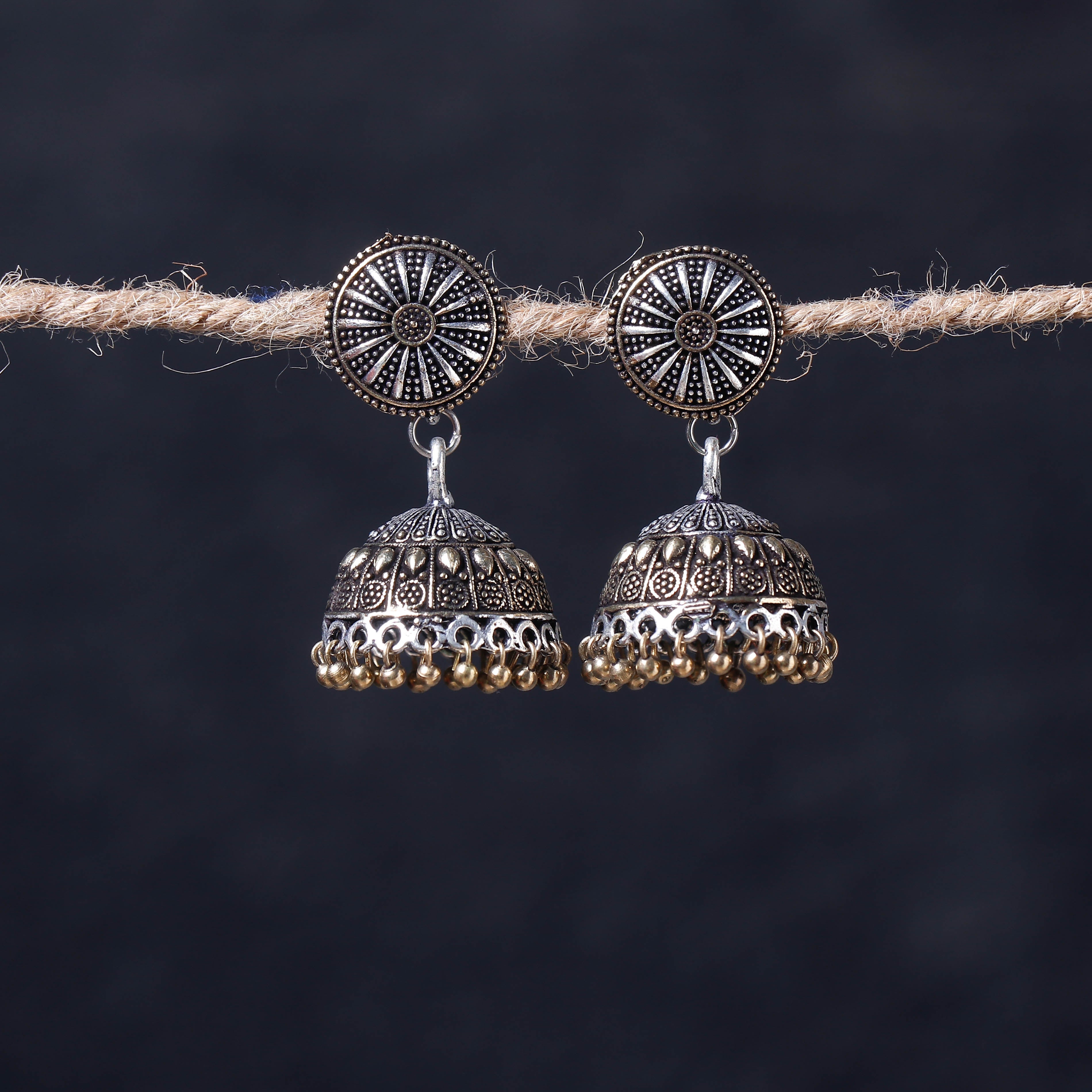 WHITE RIVER STORIES Antique Silver Finish Oxidised Brass Base Jhumka Earrings