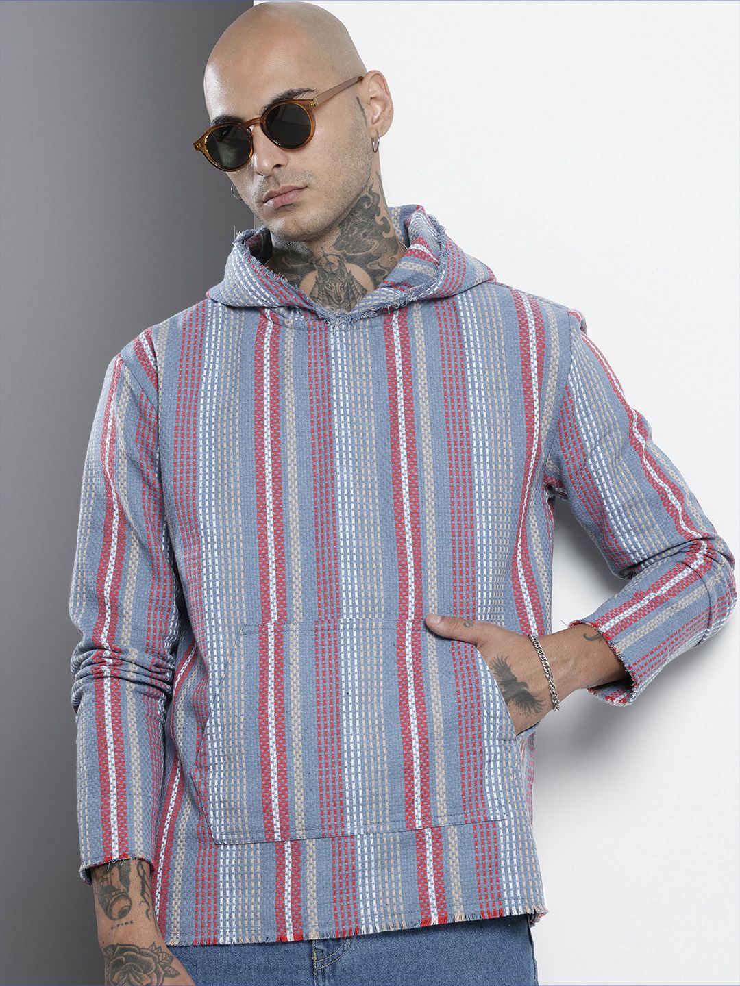 The Indian Garage Co Men's Blue Relaxed Fit Vertical Stripes Resort Wear Shirt