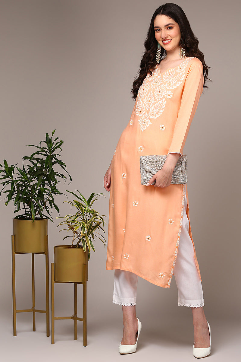 Ahika Plus Size Orange Viscose Rayon Embroidered Kurta VCK9515
