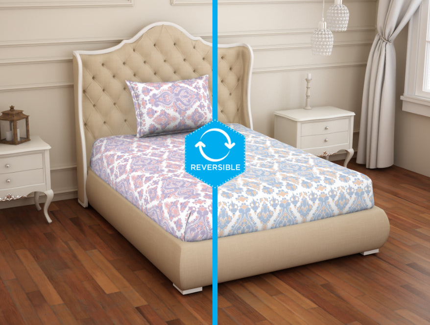 Spaces India Ornate Blue/Orange 100% Cotton Single Bedsheet - 2-In-1 By Welspun