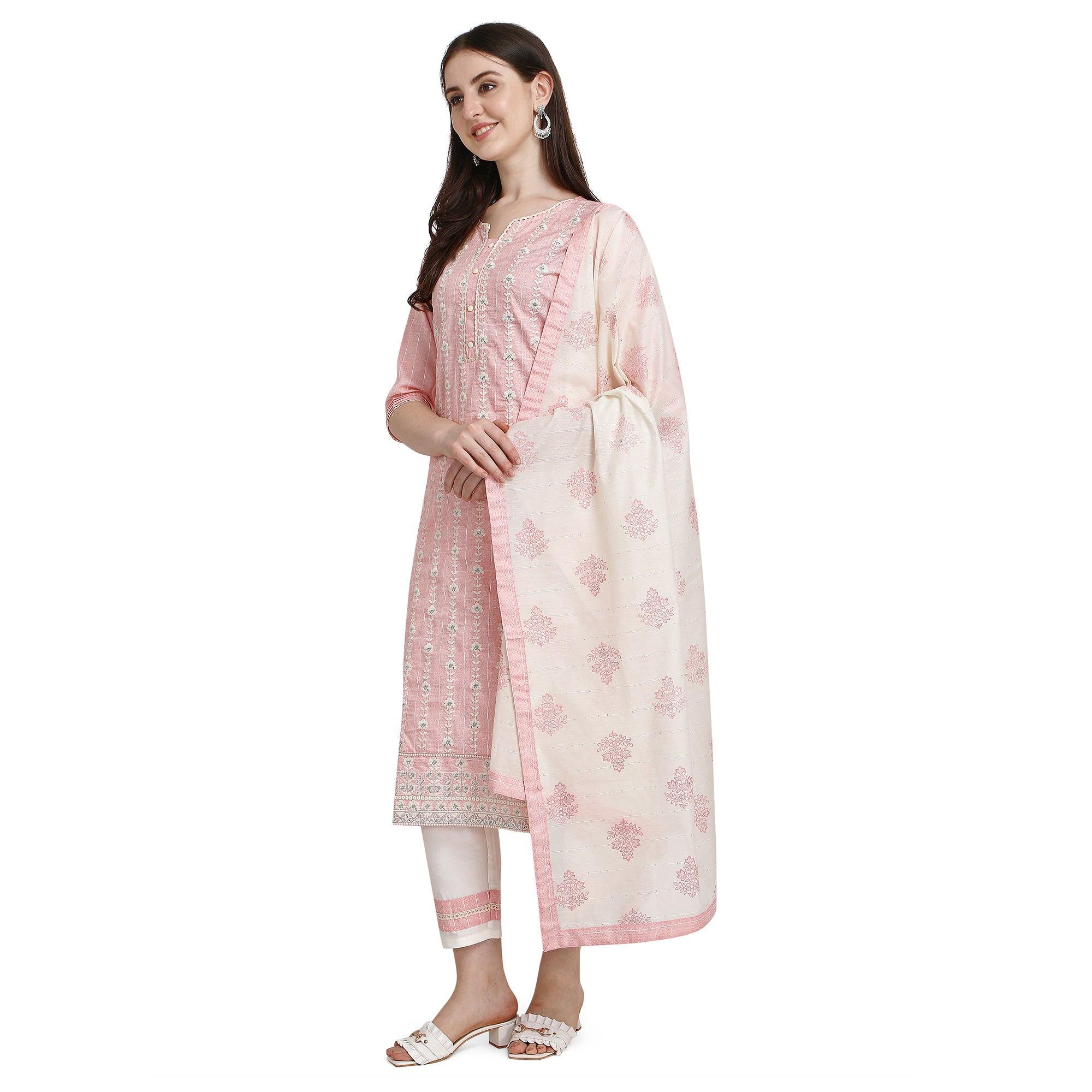 Peachmode Light Pink Floral Embroidered Cotton Blend Kurti Pant Set - view 7