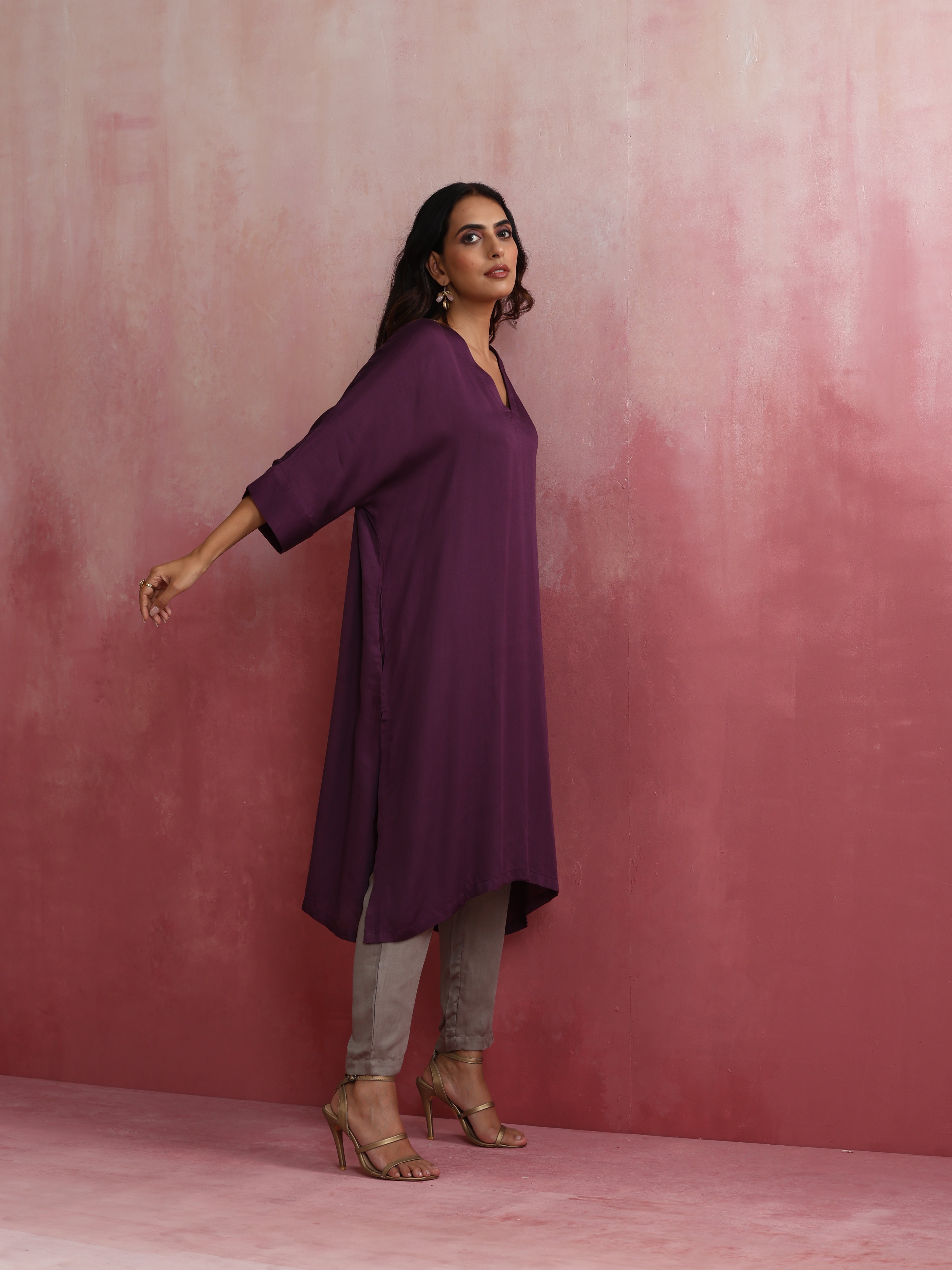 trueBrowns Purple Modal Kimono Kurta Set - view 4