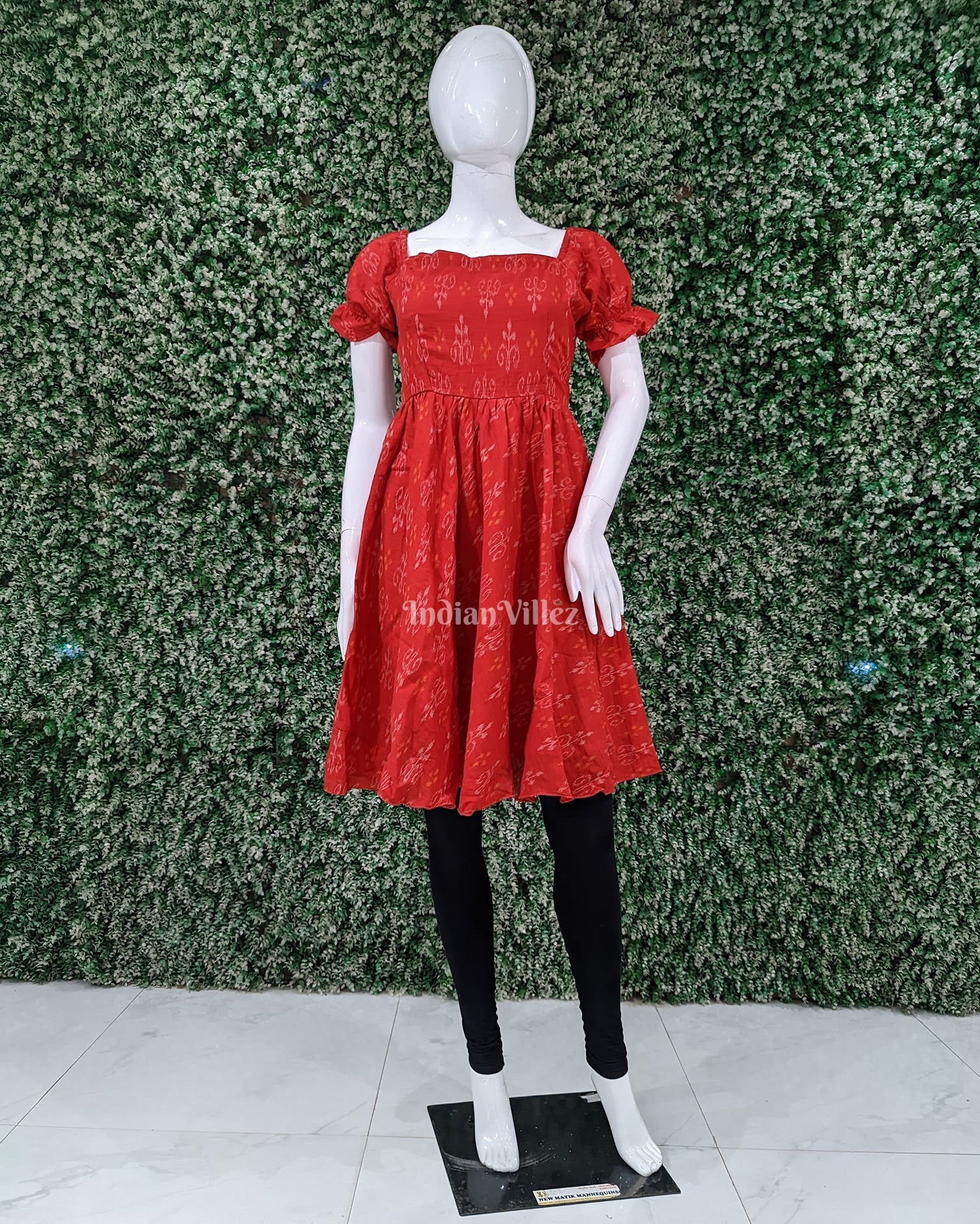 IndianVillèz Red Sambalpuri Odisha Ikat Designer Cotton Frock for Women