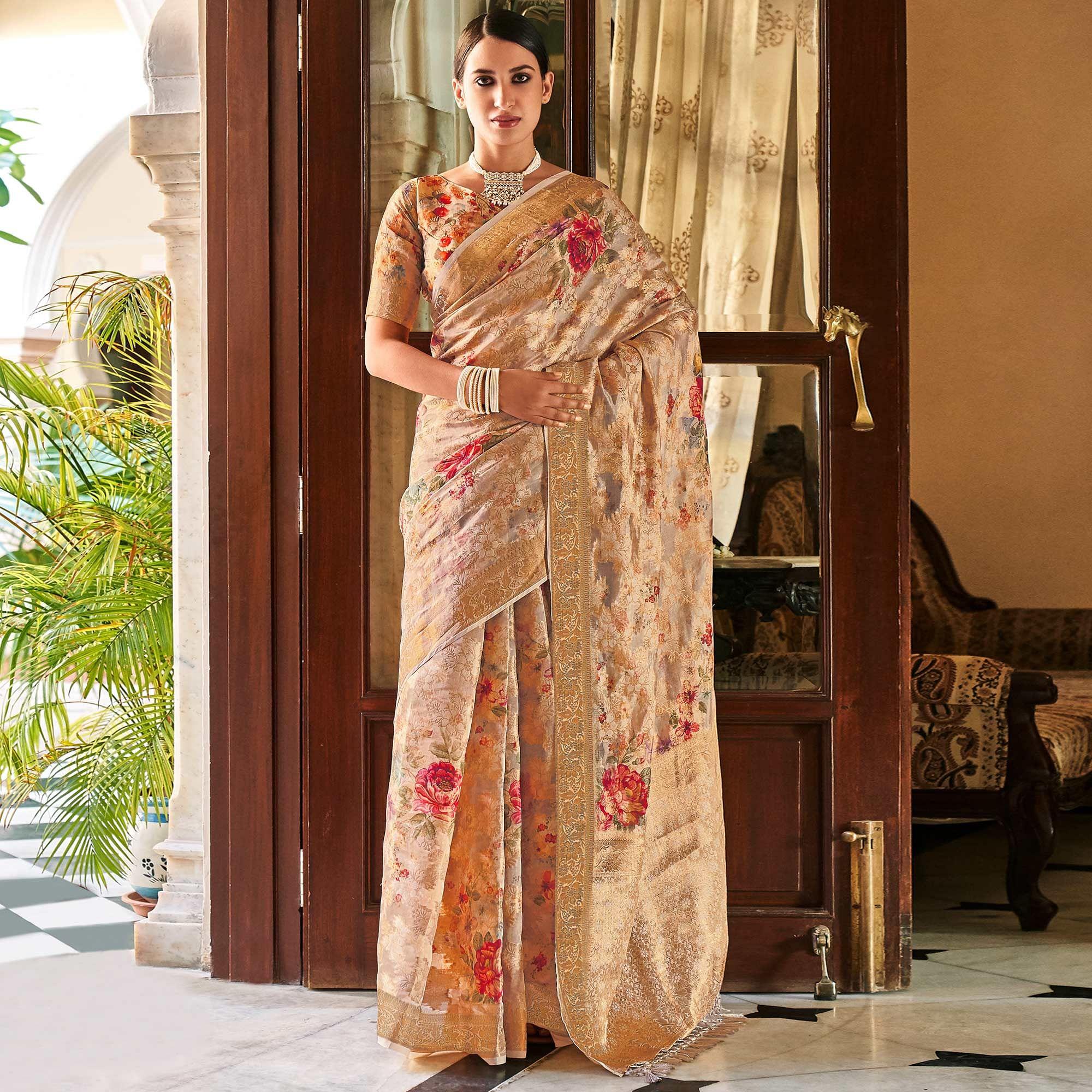Peachmode Chikoo Woven With Printed Cotton Silk Saree With Tassels - view 4