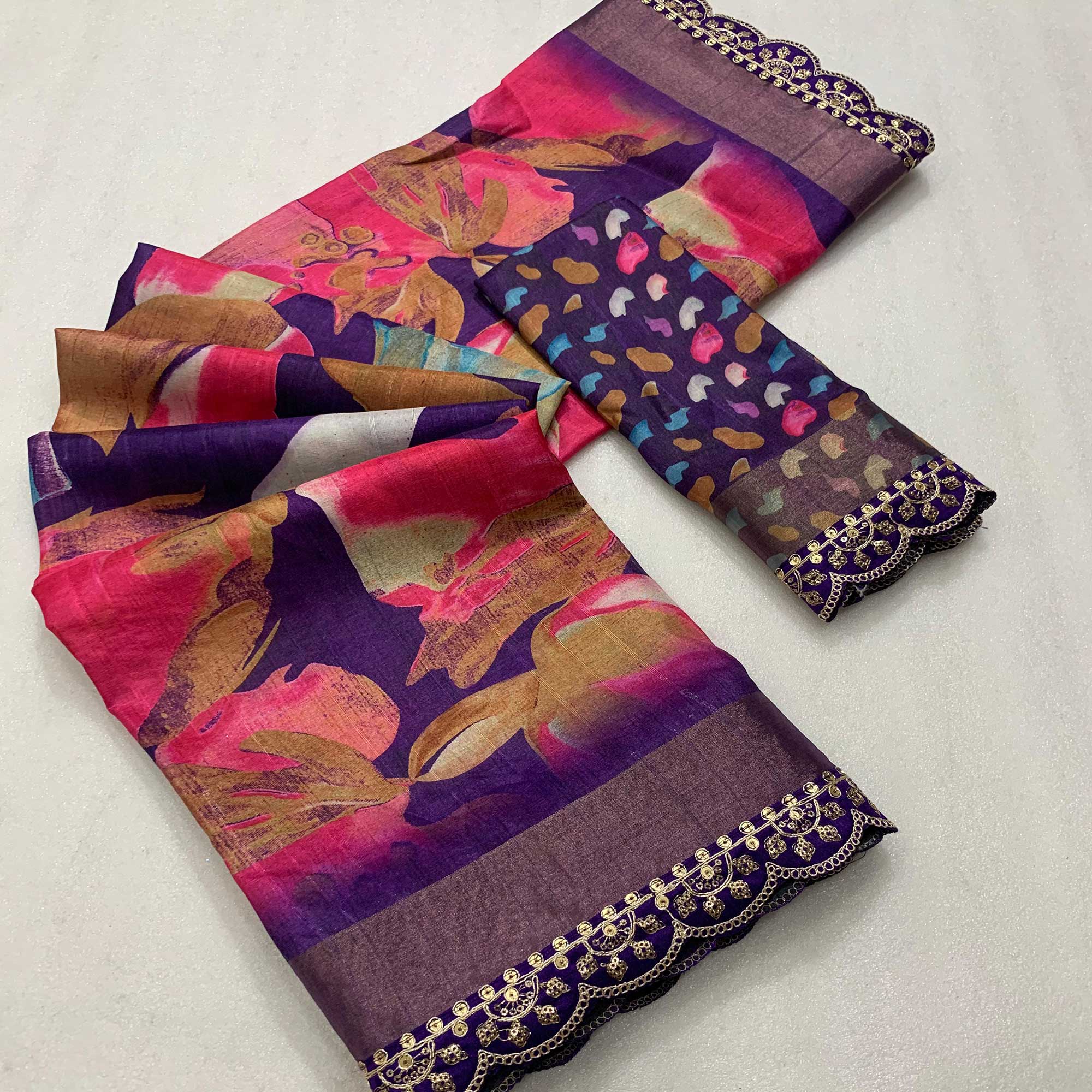 Peachmode Purple & Pink Floral Digital Printed Tussar Silk Saree With Sequins Embroidered Border