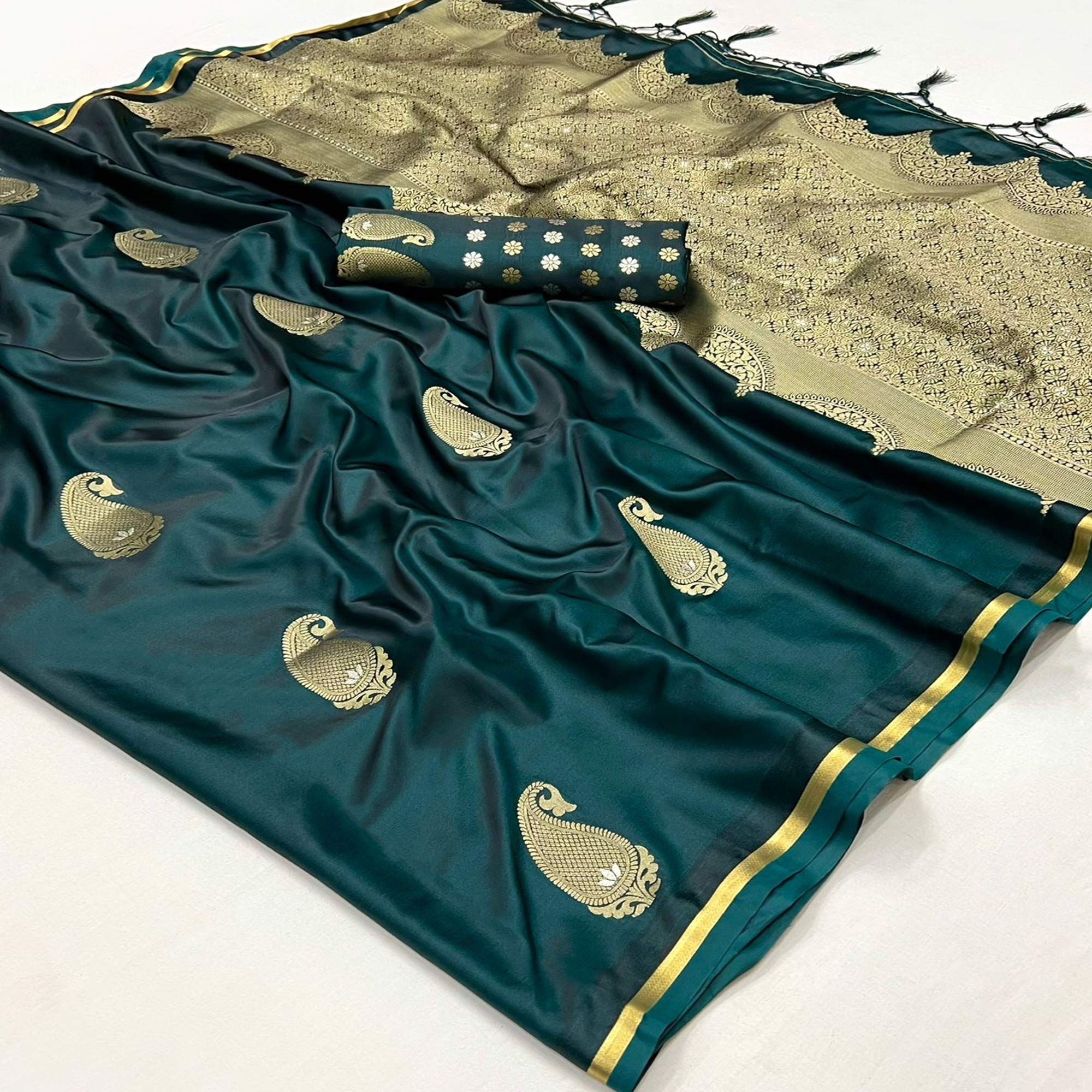 Peachmode Morpich Green Zari Work Woven Satin Saree With Tassels