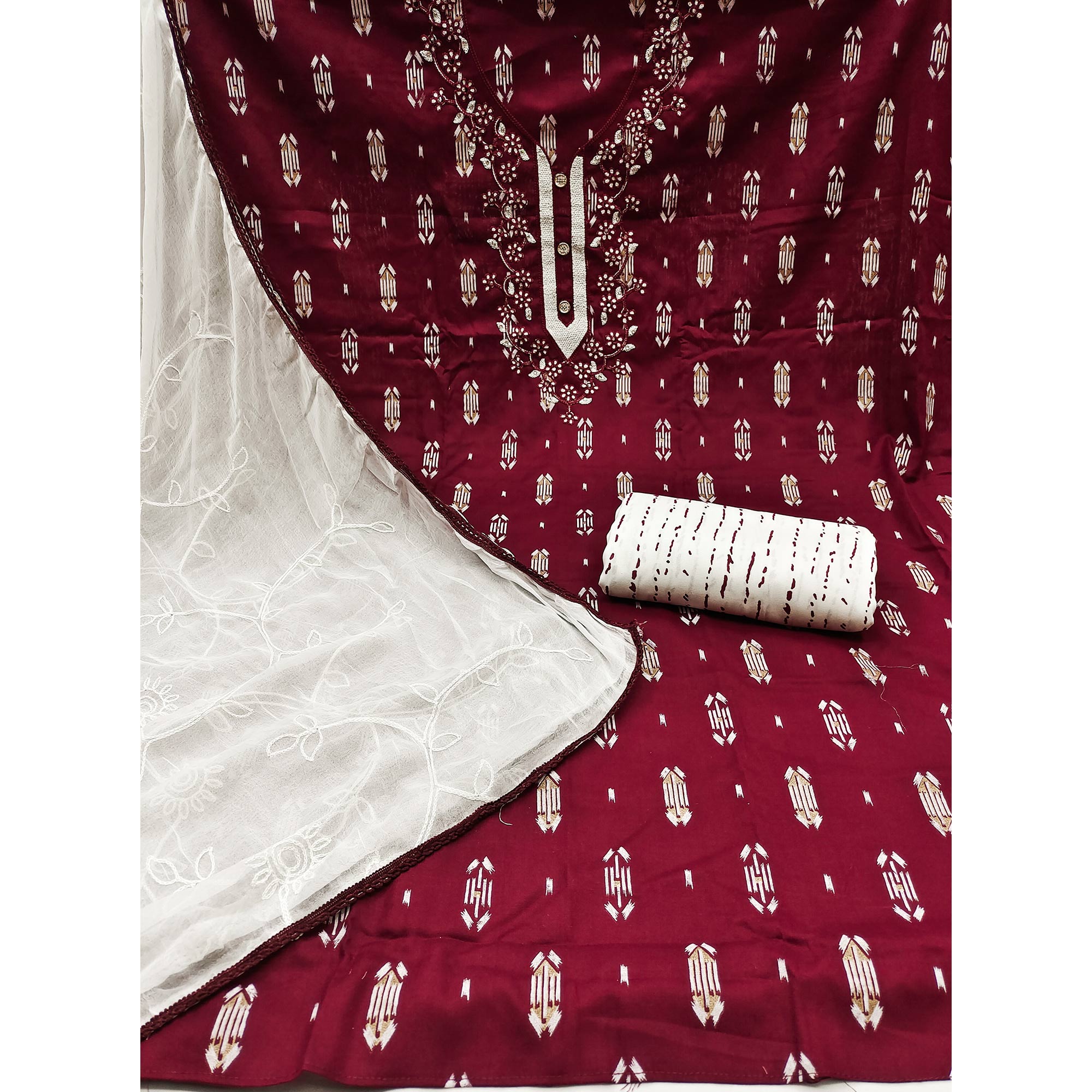 Peachmode Maroon Printed With Embroidered Rayon Dress Material - view 3