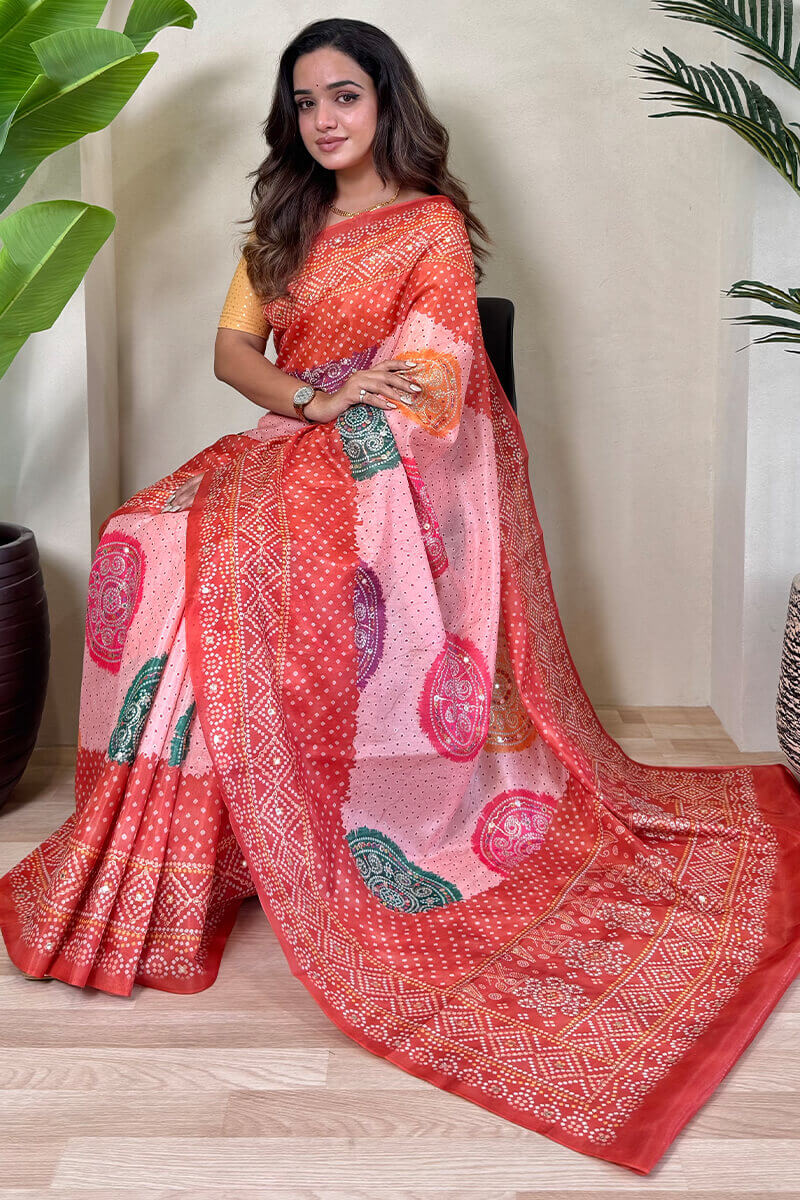 Tasrika Prominent Pink Digital Printed Tissue Silk Saree With Forbearance Blouse Piece - view 5