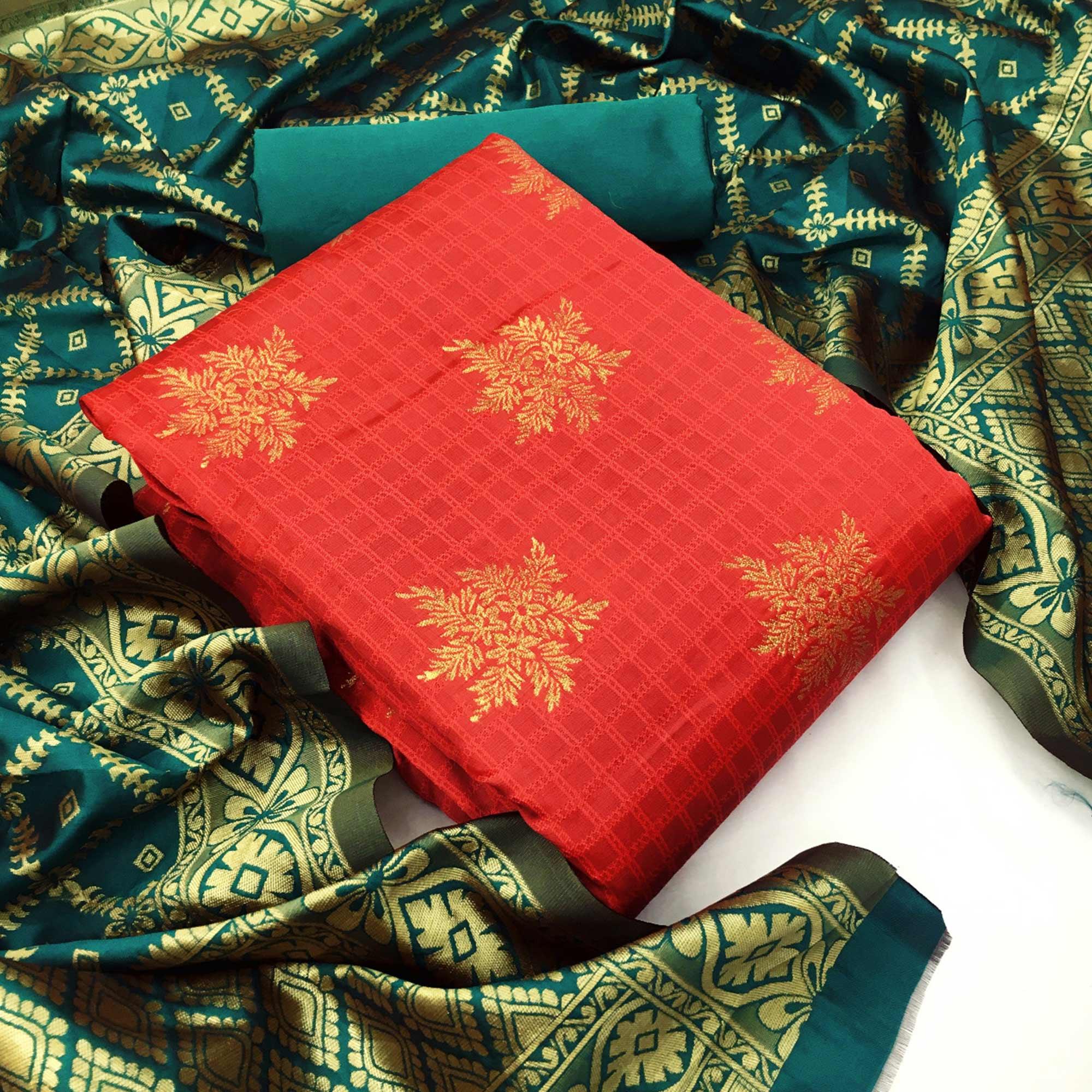 Peachmode Lovely Red Colored Casual Wear Woven Banarasi Silk Dress Material