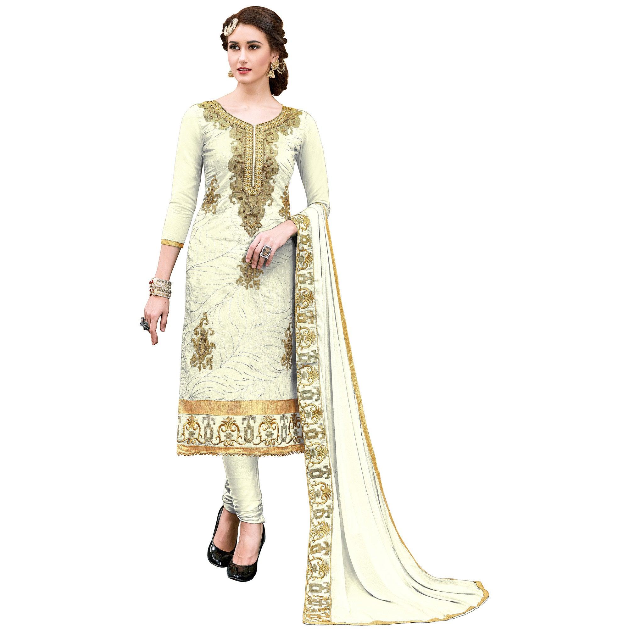 White dresses – BlackTree graceful-off-white-colored-party-wear-embroidered-modal-dress-material