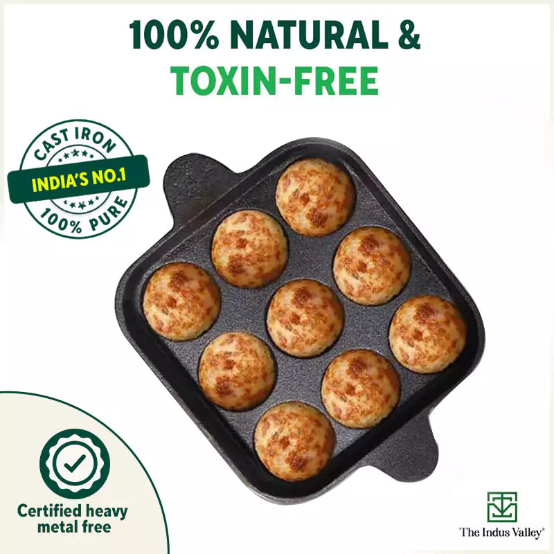 The Indus Valley 9 Pit/Cup CASTrong Cast Iron Paniyaram/Appe Pan+ Free Spatula, Pre-seasoned, Natural Nonstick, 100% Pure, Toxin-free, 24 cm, 1.34 kg - view 6