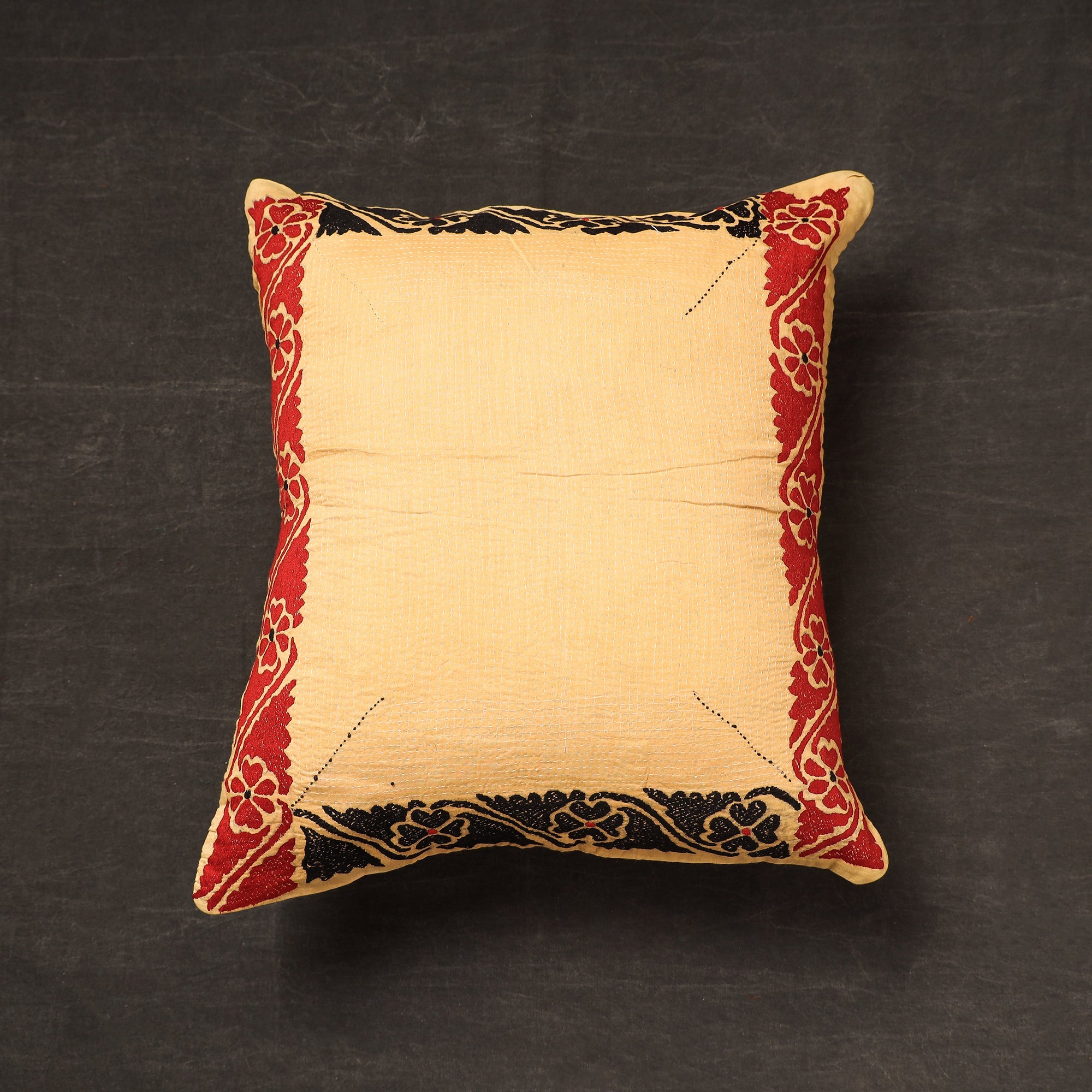 KHUSHBASH - HAPPY LOOM OF EAST Beige - Bengal Kantha Embroidery Cotton Cushion Cover (16 x 16 in) 15