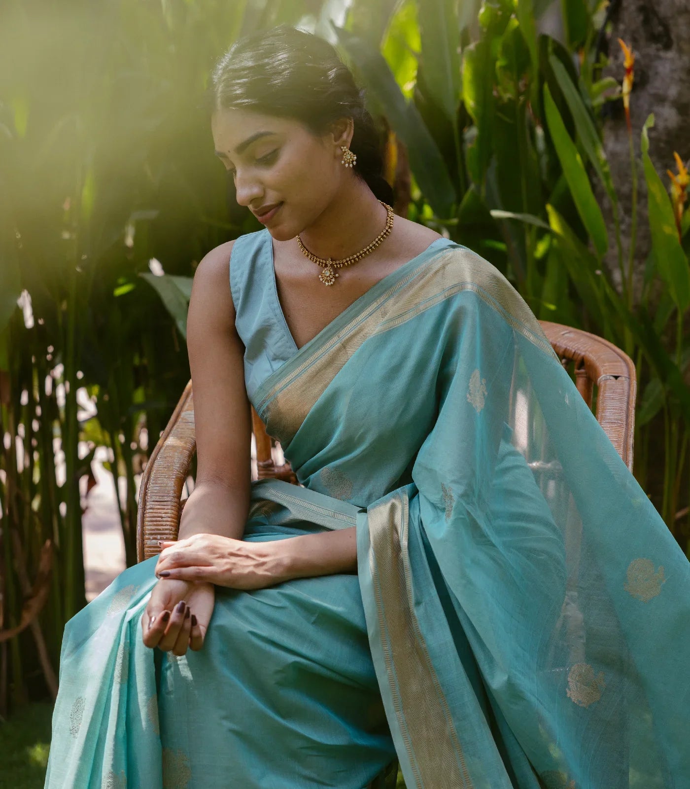 RmKV Turquoise Handloom Kanchi Cotton Saree With Annam Buttas - view 2