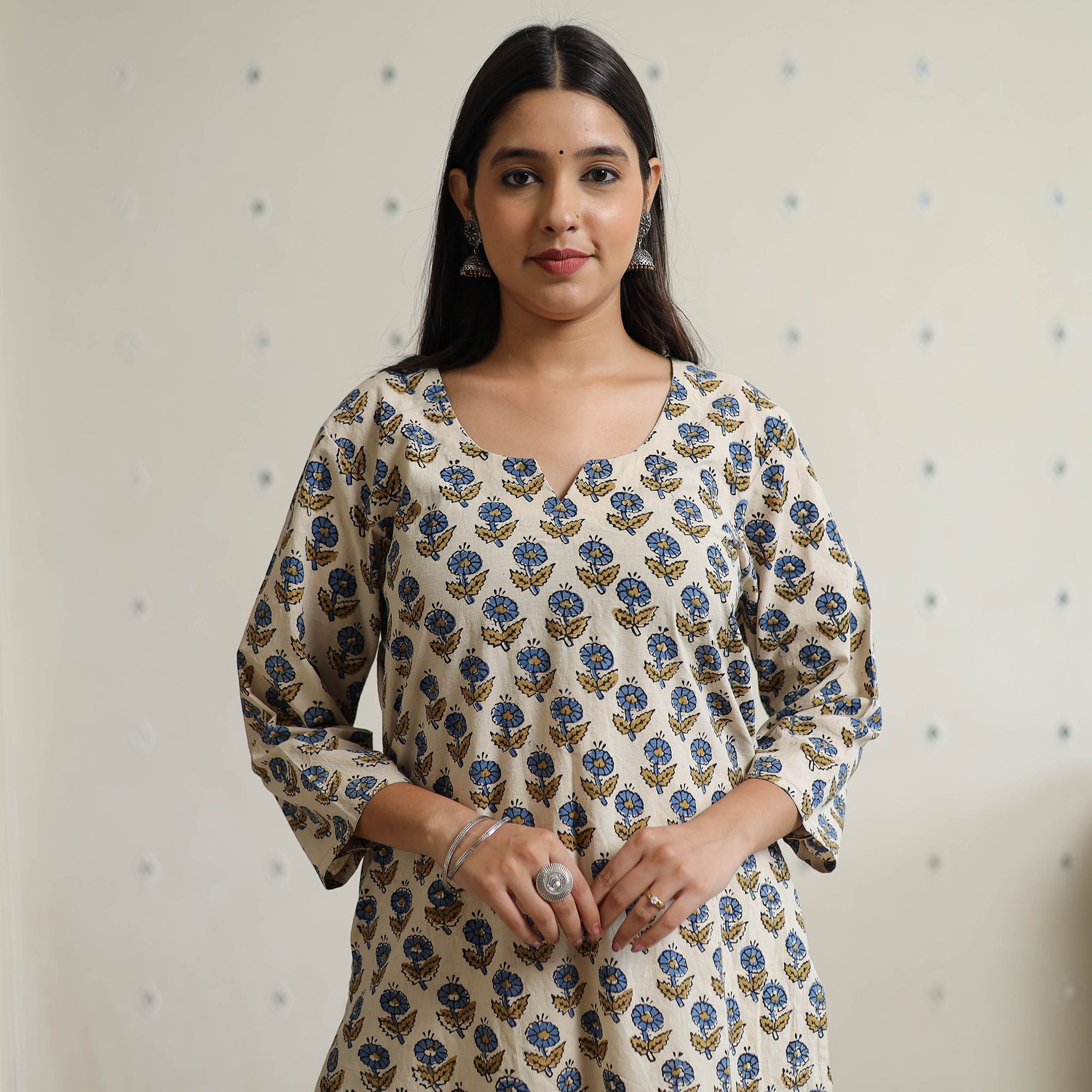 ITOKRI CASUALS Beige - Ajrakh Block Printed Cotton Long Straight Kurta 45