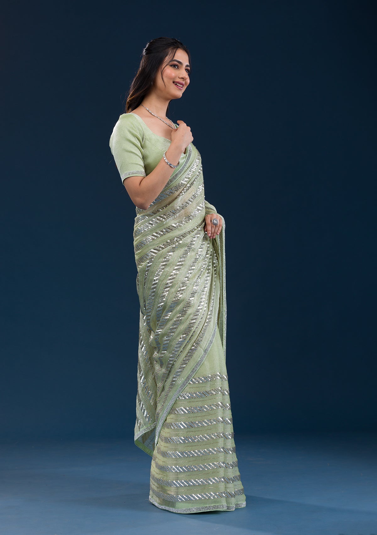 Koskii Pista Green Zariwork Semi Crepe Saree – Women's - view 4