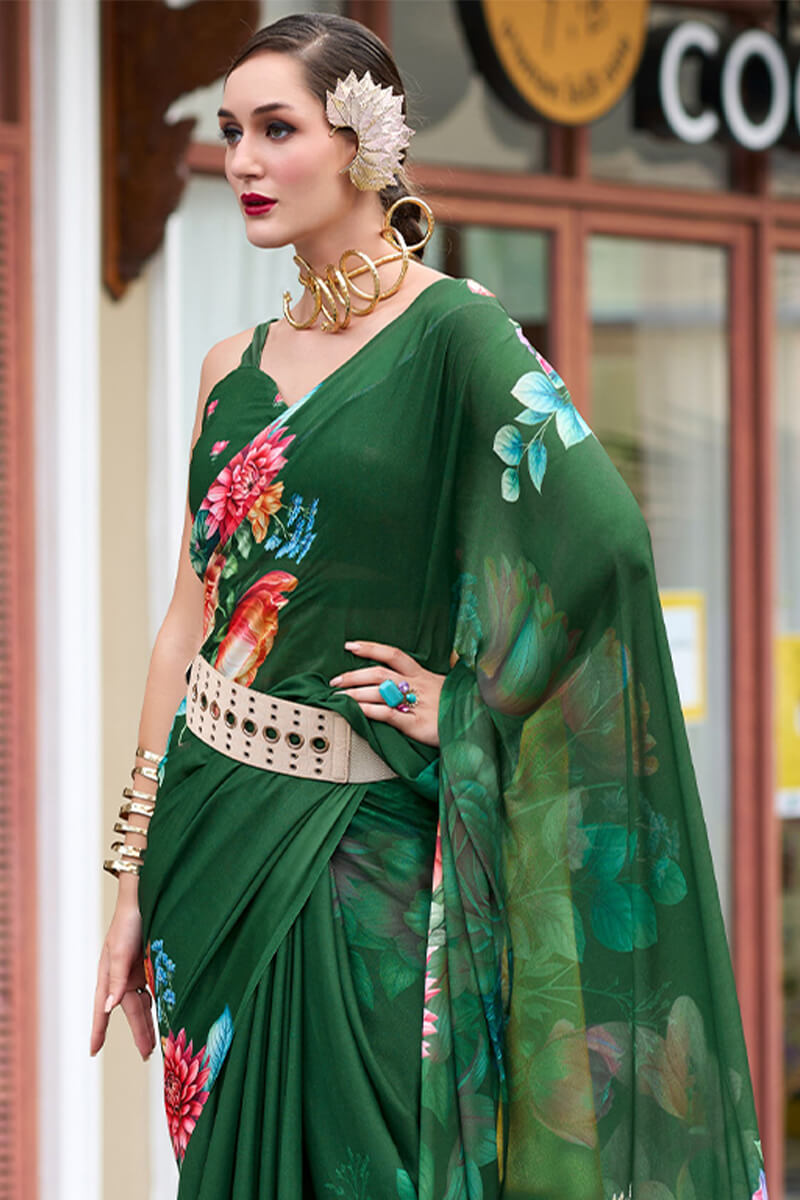 Rajpath Trendy Dark Green Digital Printed Georgette Saree With Enamoring Blouse Piece - view 2