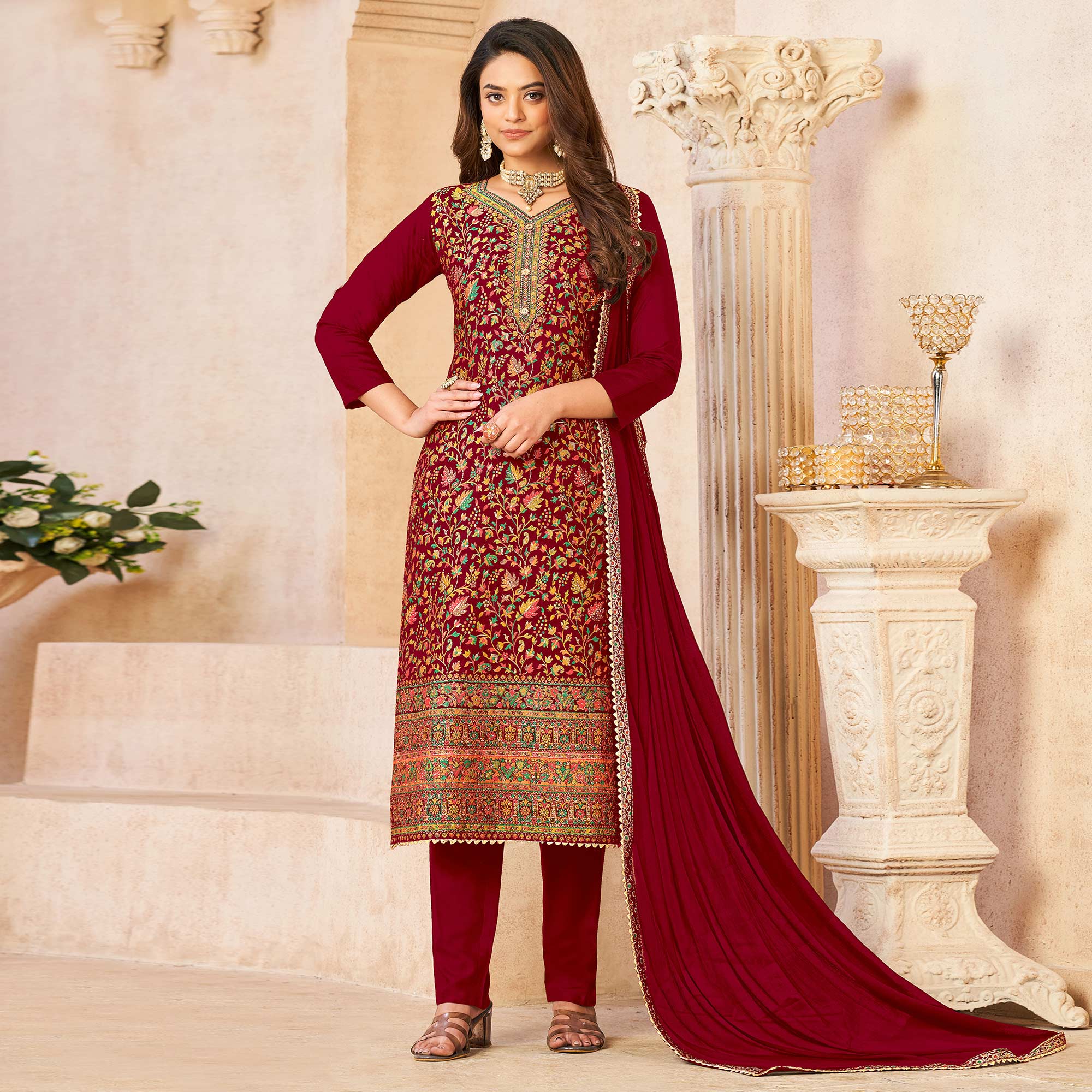 Peachmode Maroon Woven Dola Silk Suit