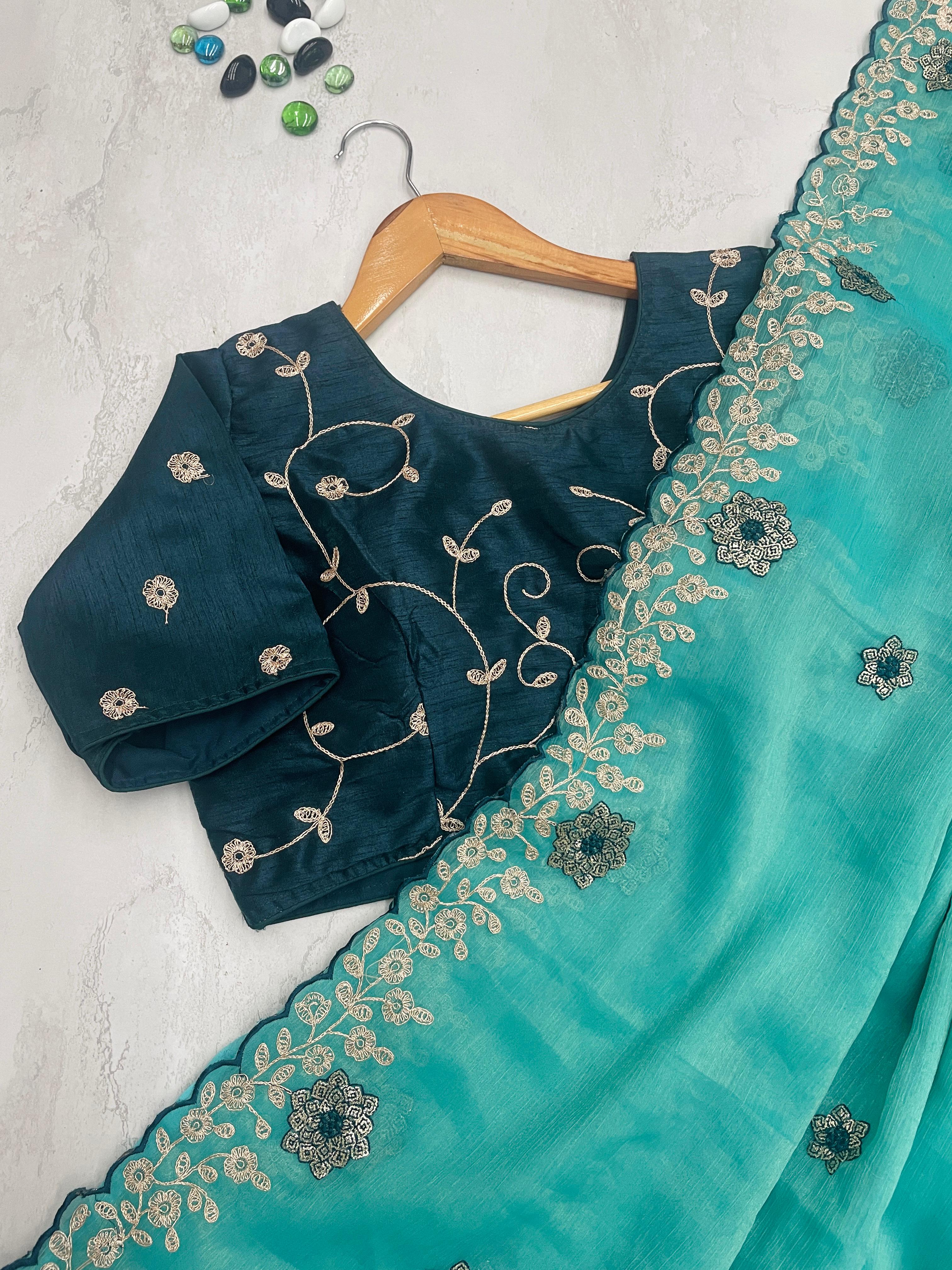 ClothsVilla Sky Blue Kasoli Silk Saree with Beautiful Embroidery and Contrast Thread Work