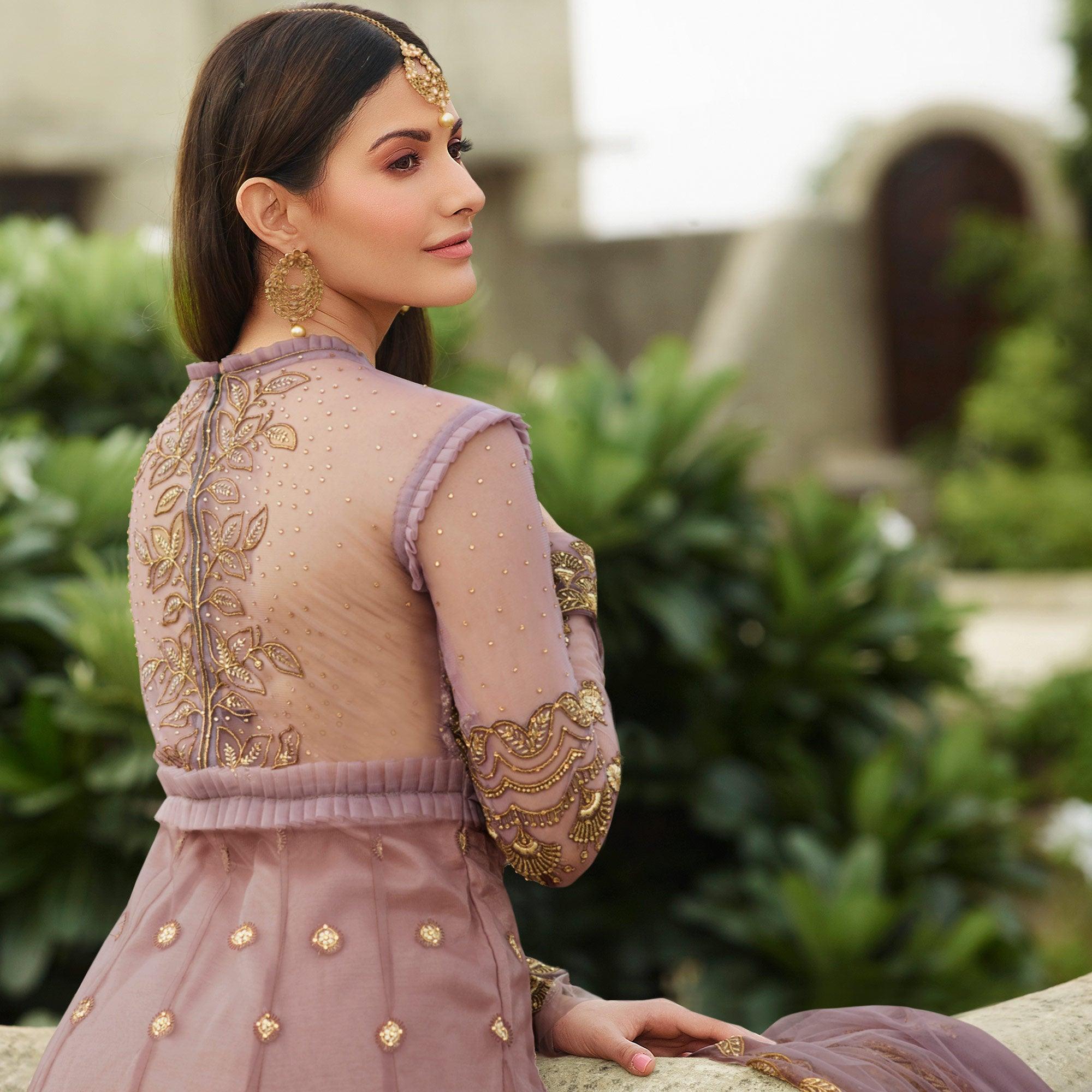 Peachmode Jazzy Mauve Coloured Partywear Embroidered Net Anarkali Suit - view 5