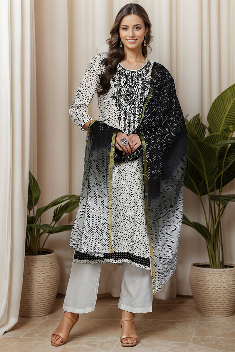 Ahika Off White Cotton Bandhani Straight Suit Set VKSKD1870
