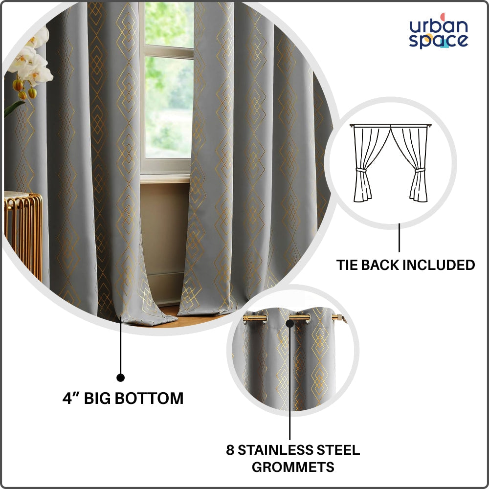 Urban Space -Home Furnishing Store Gold Foil Printed 80-85% Blackout Curtains - Pack of 1 - Diamond- Grey - view 6