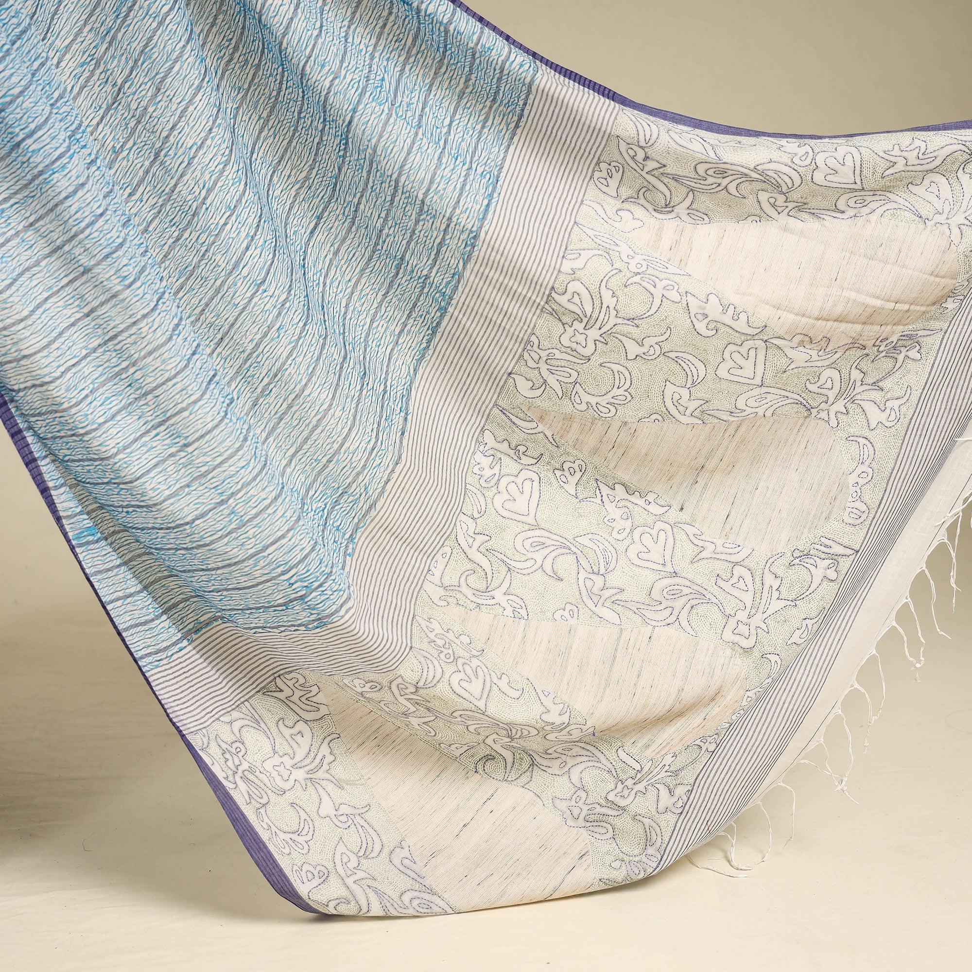 KHUSHBASH - HAPPY LOOM OF EAST Blue - Bengal Kantha Hand Embroidery Handloom Cotton Saree with Tassels 18 - view 2