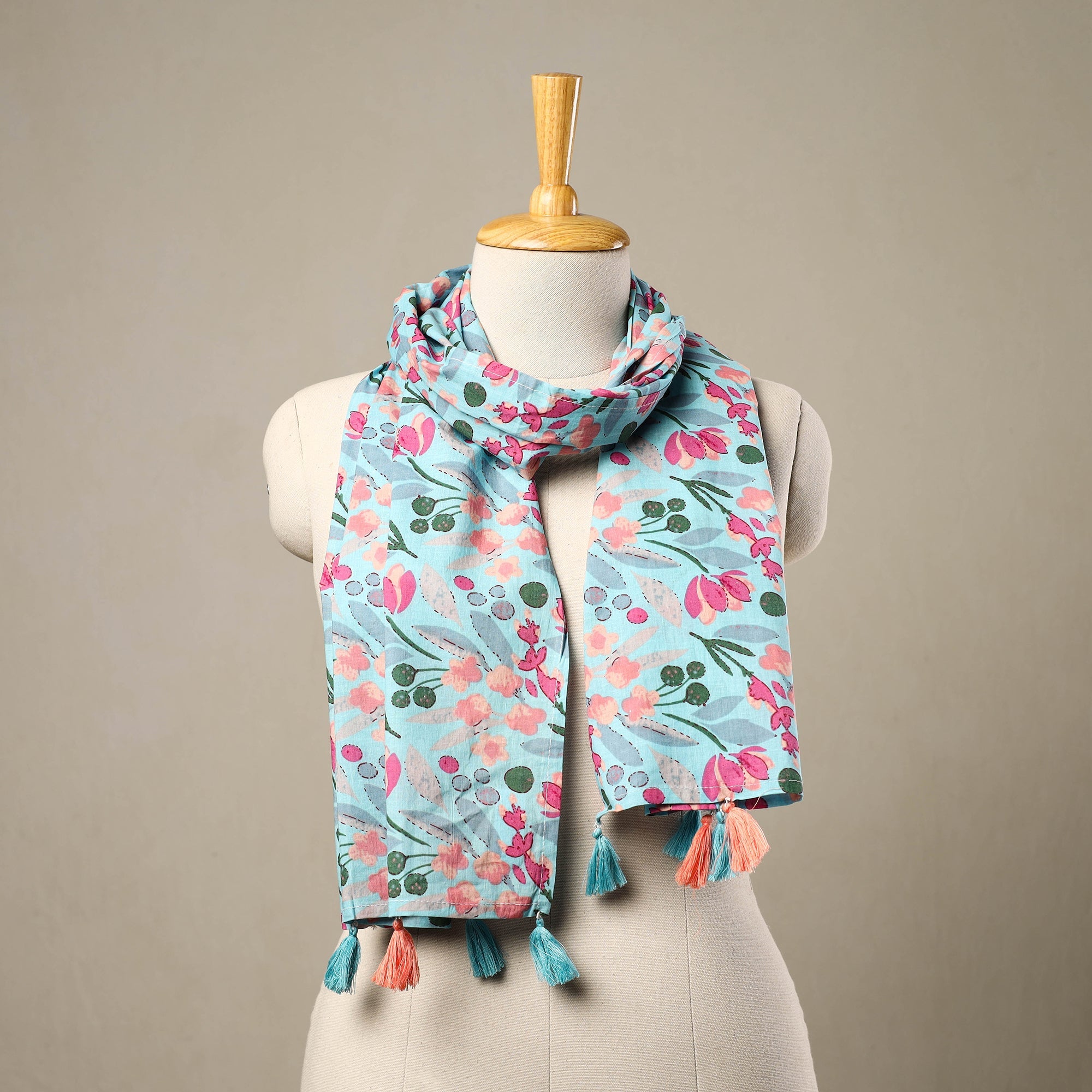 HAVELI CHRONICLES Blue - Block Print Cotton Sanganeri Stole with Tassels 55