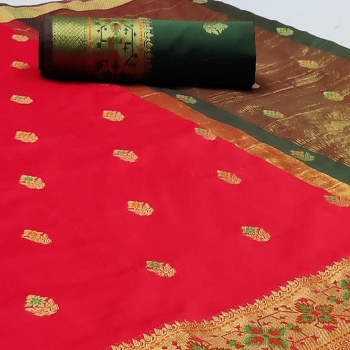 Peachmode Innovative Red Colored Festive Wear Woven Silk Saree - view 2