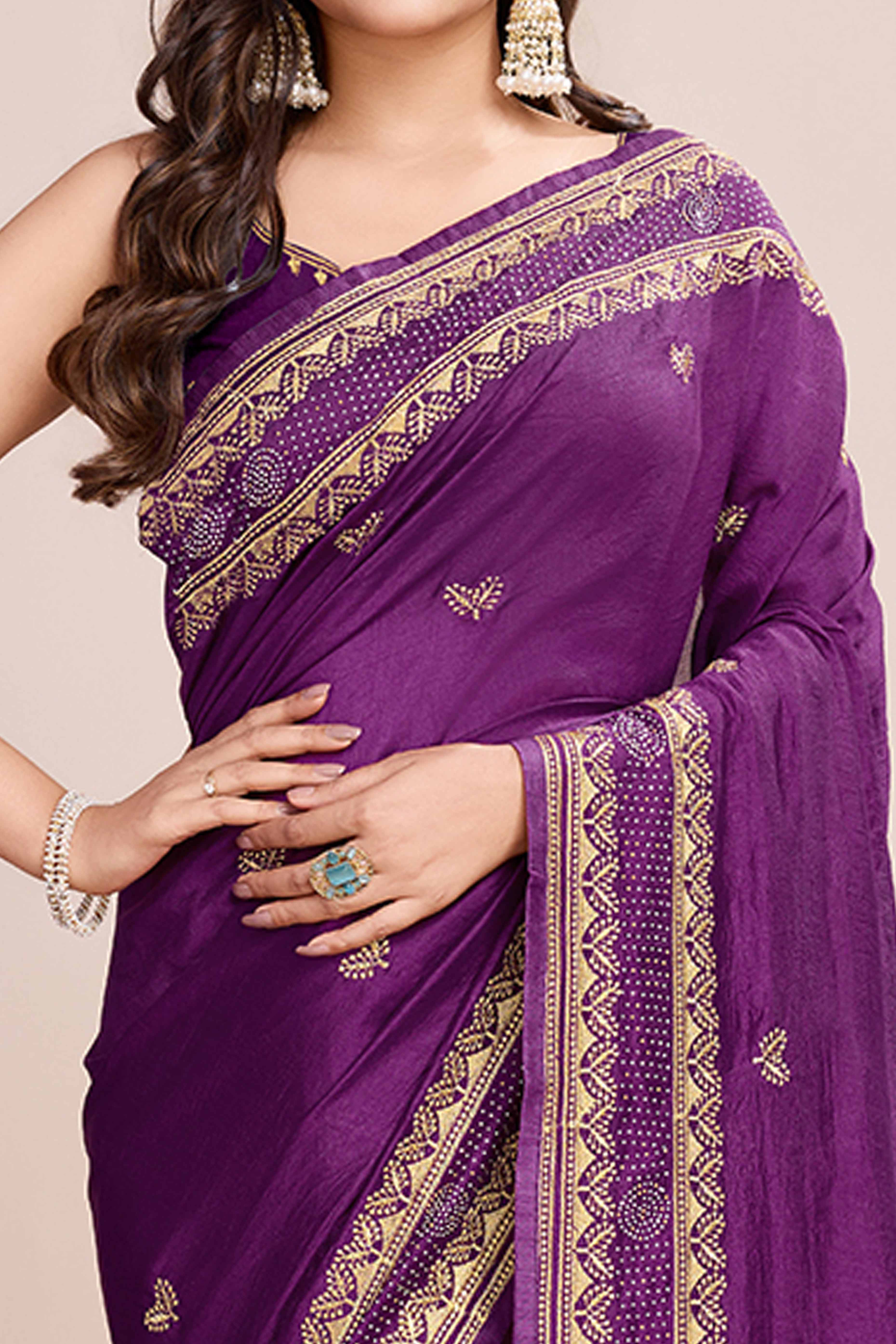Peachmode Magenta Floral Embroidered Vichitra Silk Saree - view 2