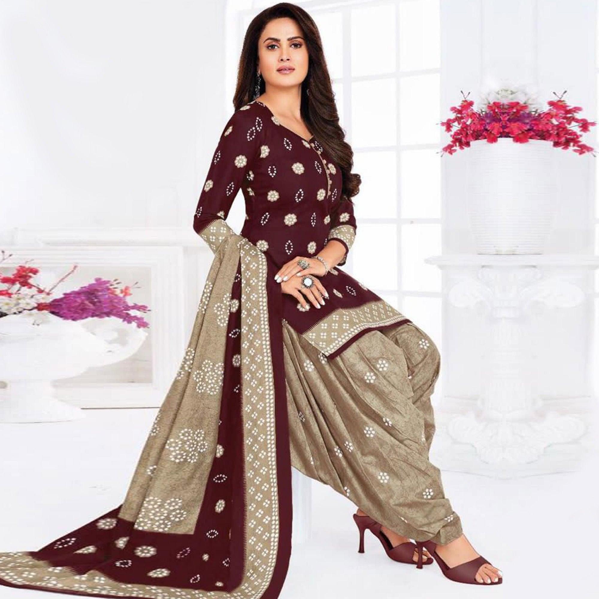 Peachmode Maroon Casual Wear Printed Leon Patiala Dress Material