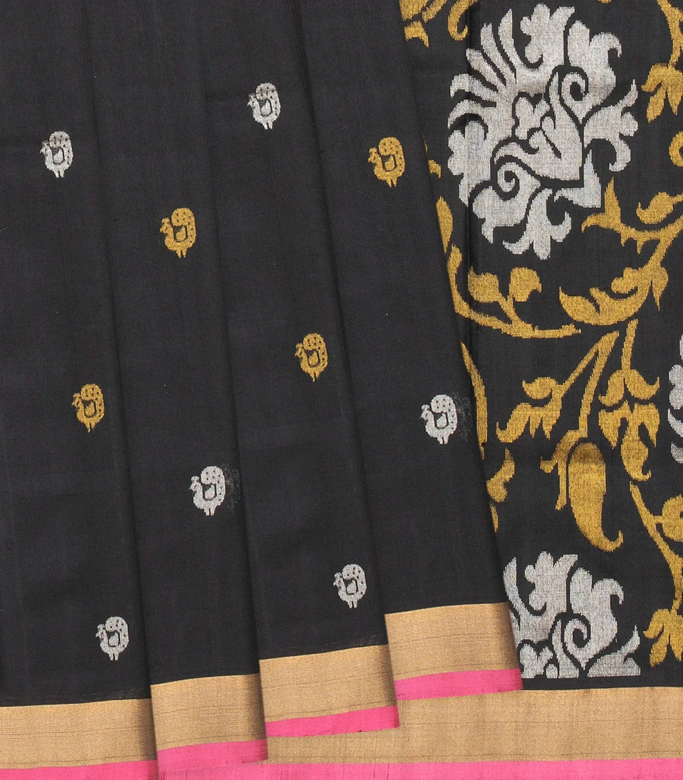 RmKV Black Handloom Uppada Silk Saree With Annam Motif Buttas-Black