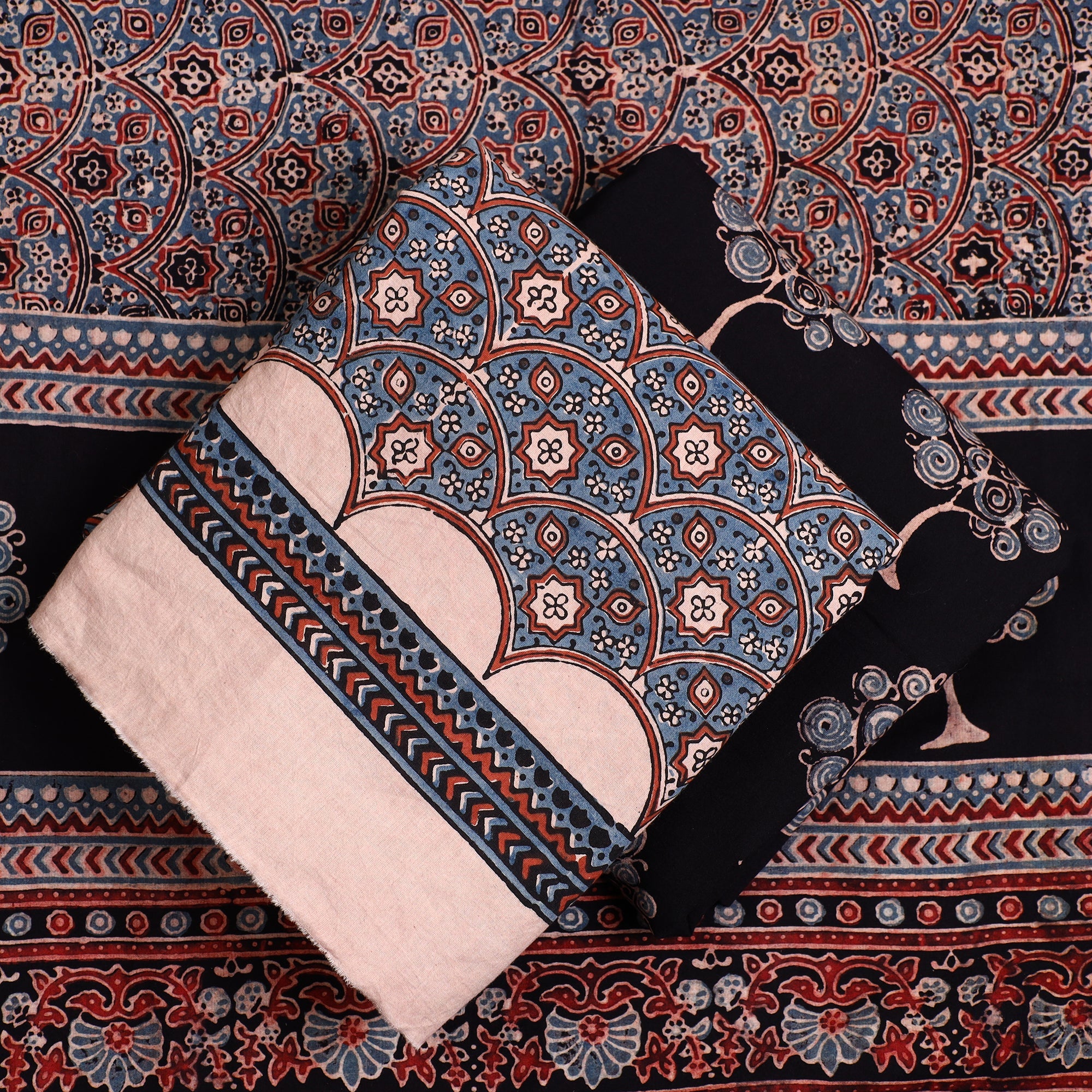 AJRAKH BY JABBAR KHATRI Blue - 3pc Ajrakh Block Printed Natural Dyed Cotton Suit Material Set 01 - view 2
