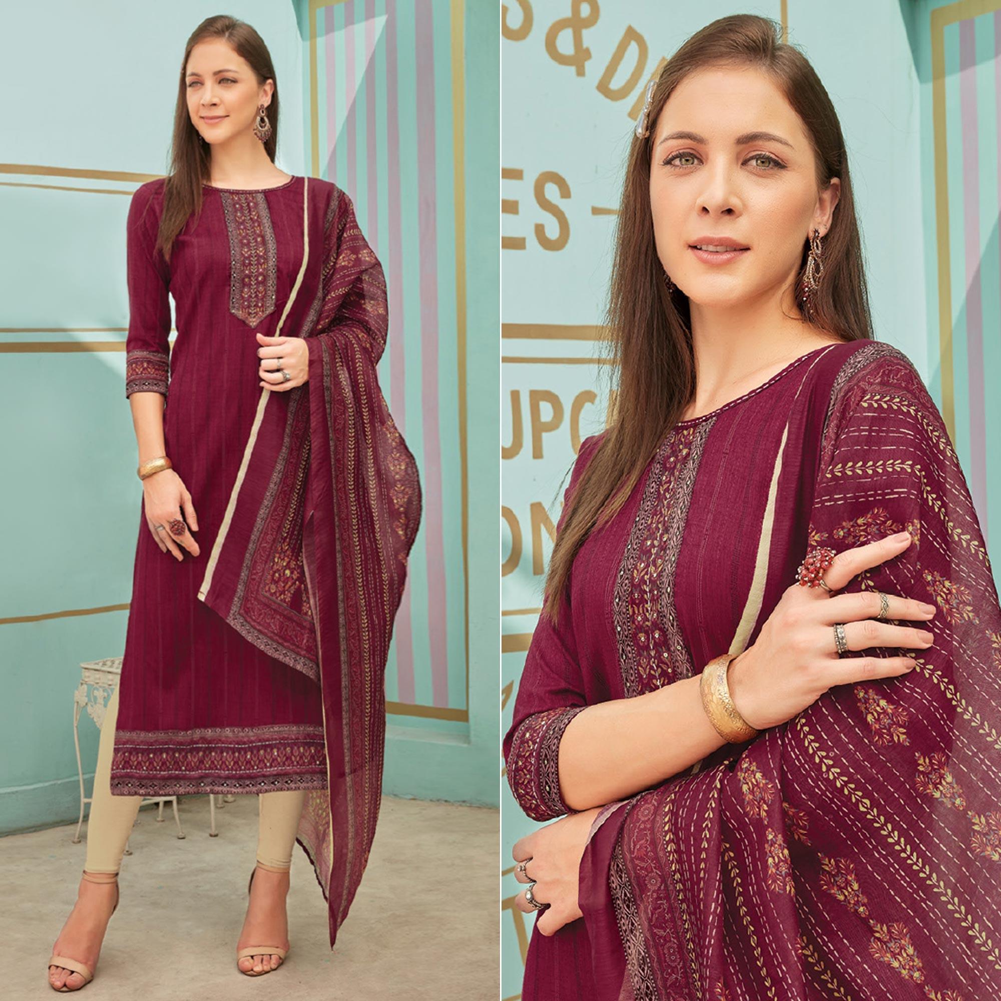 Peachmode Seller Maroon Printed With Embroidery Tapetta Silk Kurti With Dupatta