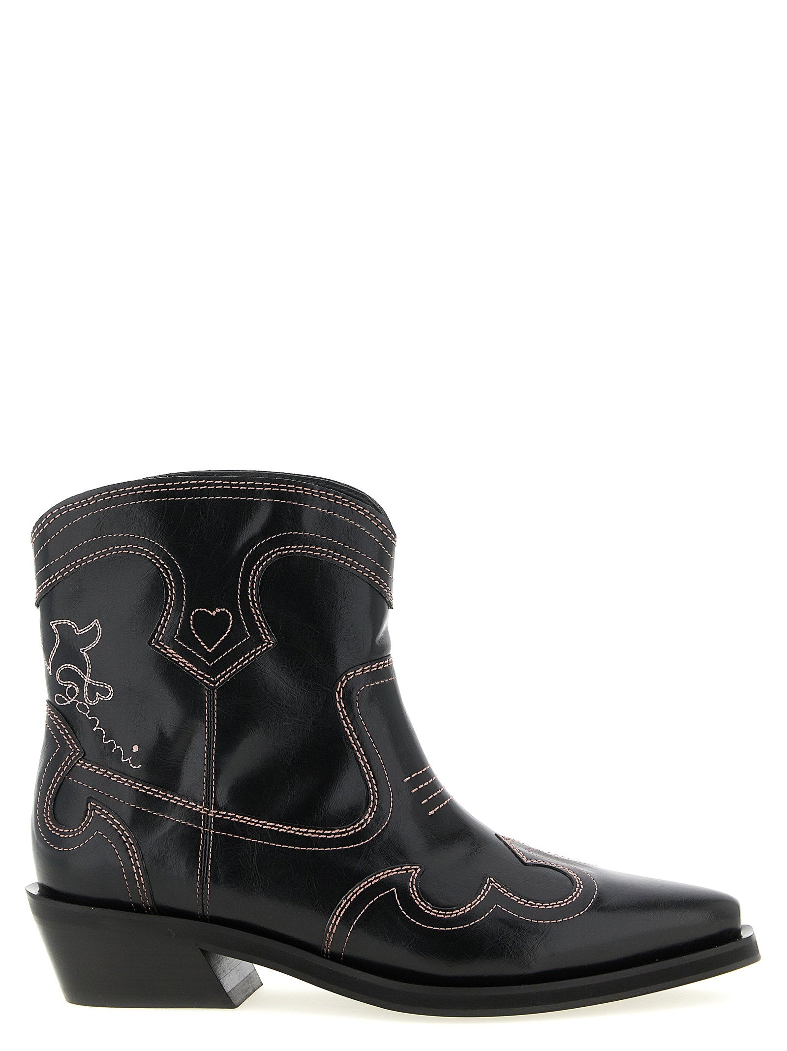 Ganni Low Shaft Embroidered Western Ankle Boots