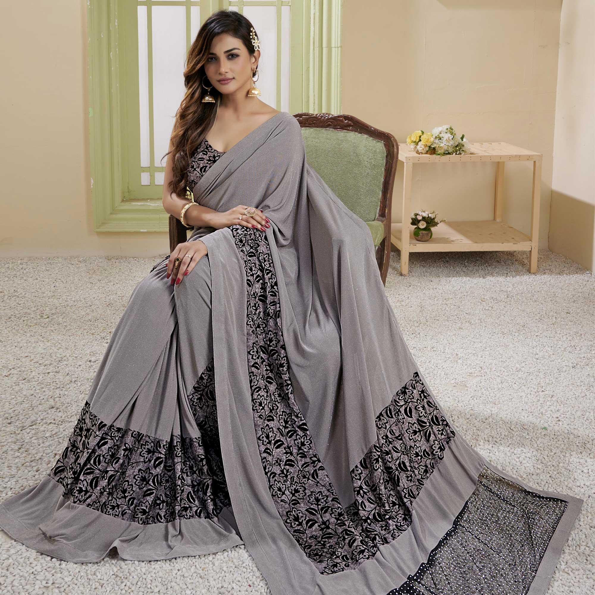BlackTree grey-party-wear-embellished-lycra-saree-140218 - view 2