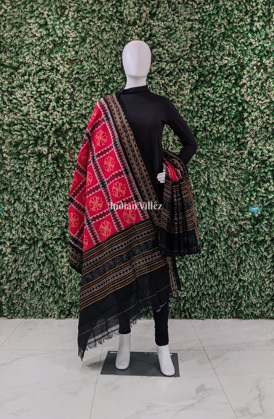 IndianVillèz Red Black Baghambari Odisha Ikat Cotton Dupatta