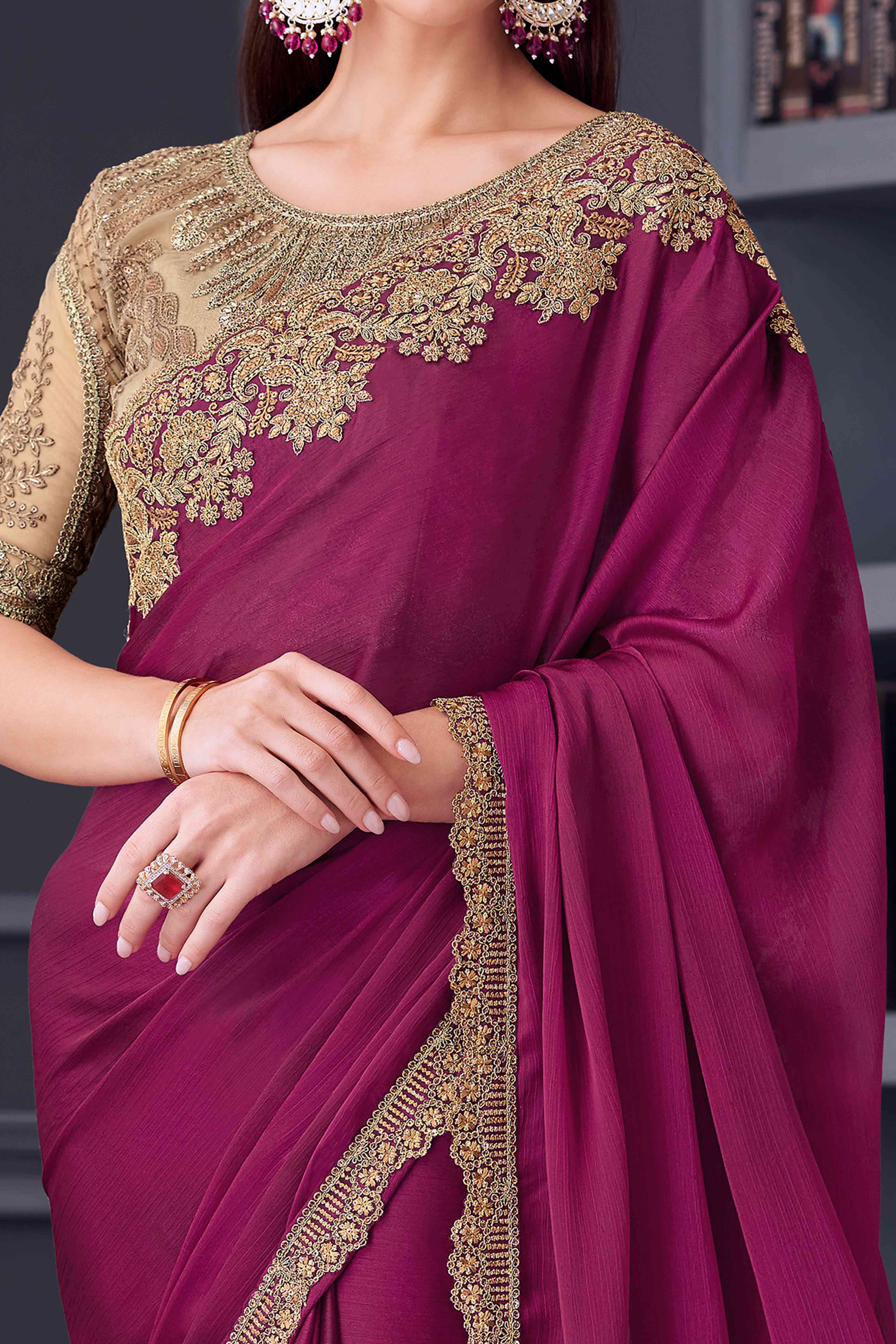 Peachmode Magenta Sequins Embroidered Satin Saree - view 2