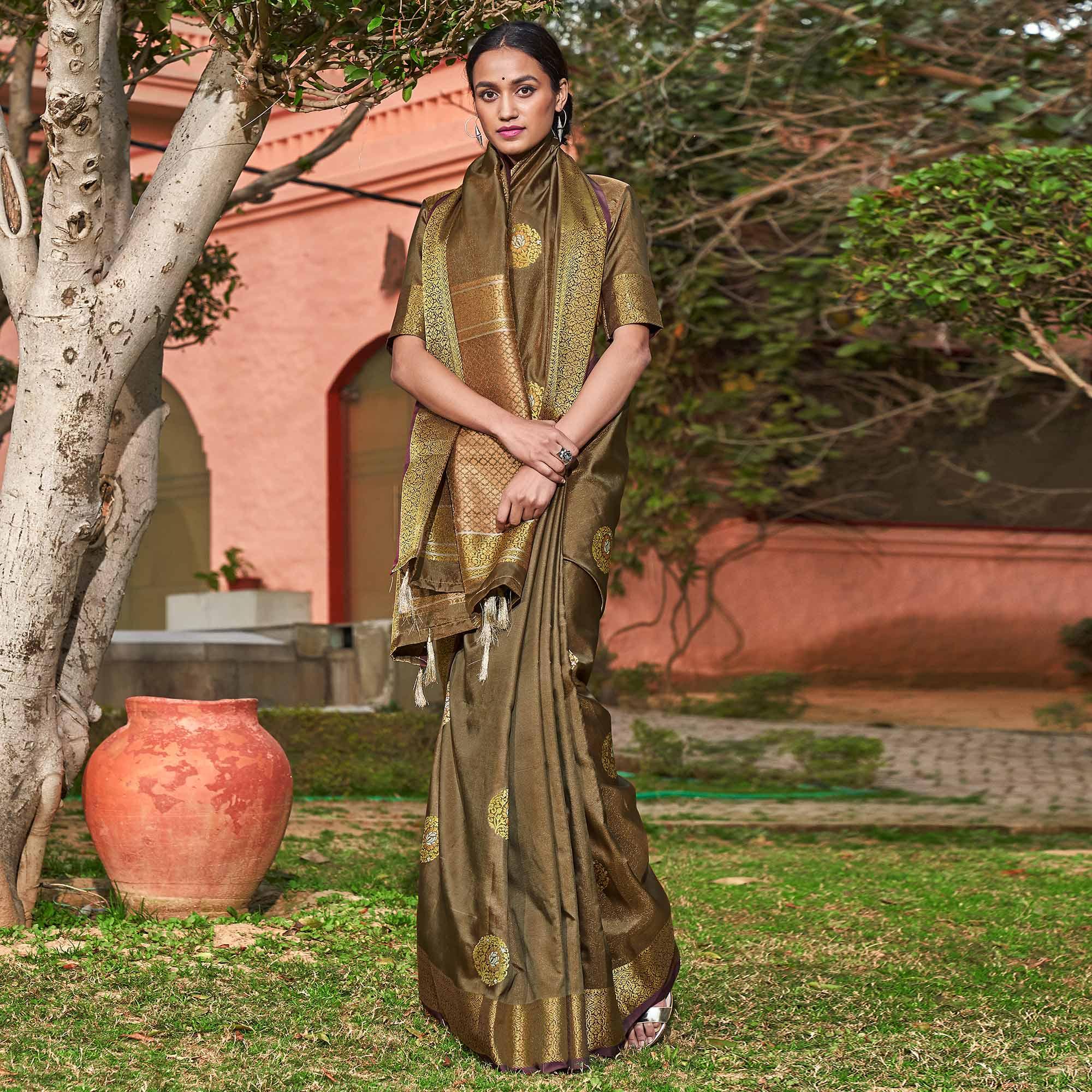 Peachmode Marvellous Brown Colored Festive Wear Woven Silk Saree