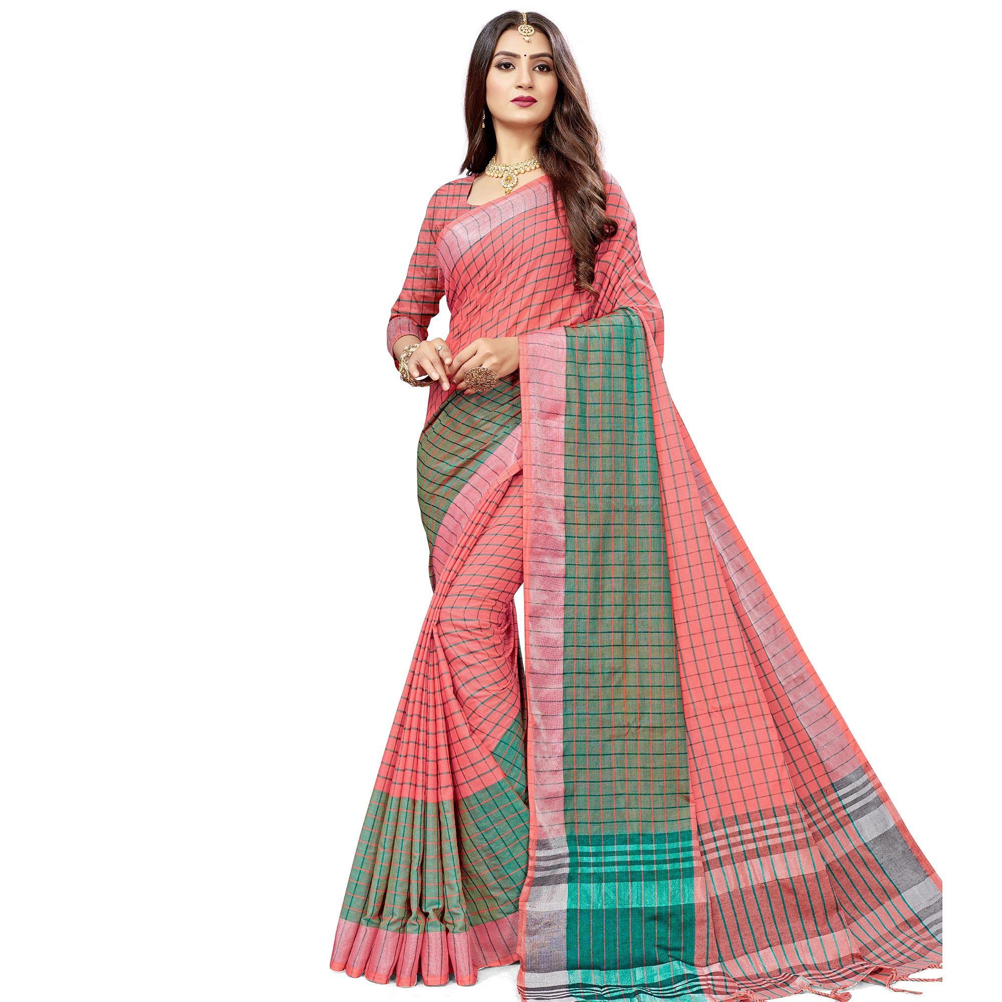 Peachmode Jazzy Peach Colored Fesive Wear Checks Print Cotton Silk Saree With Tassels