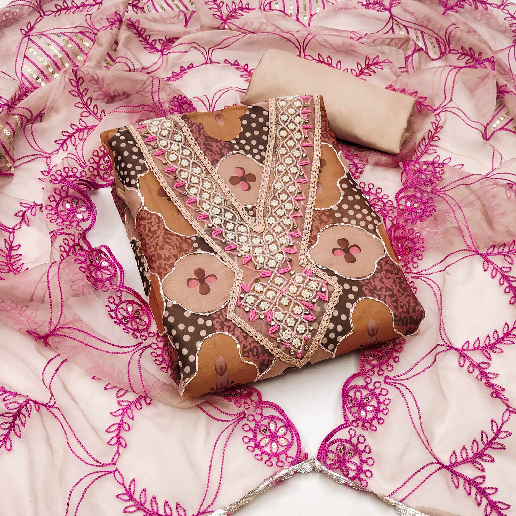 Peachmode Chikoo Floral Printed Organza Dress Material