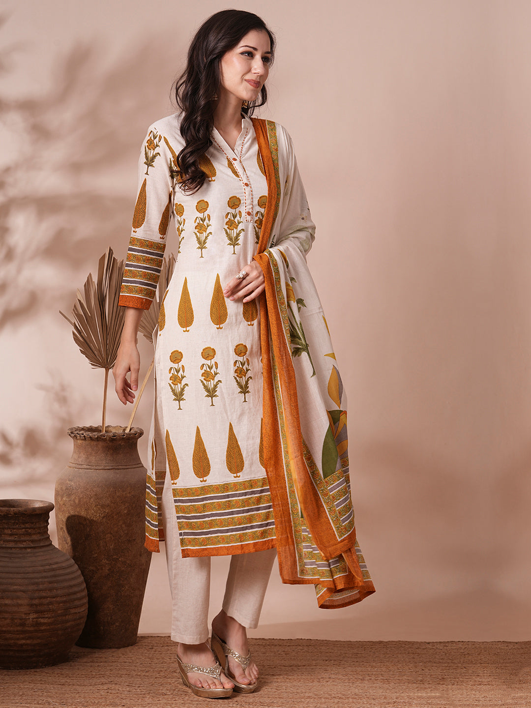 FASHOR Ethnic Printed Straight Fit Cotton Flax Kurta with Pant and Dupatta - Off White - view 5