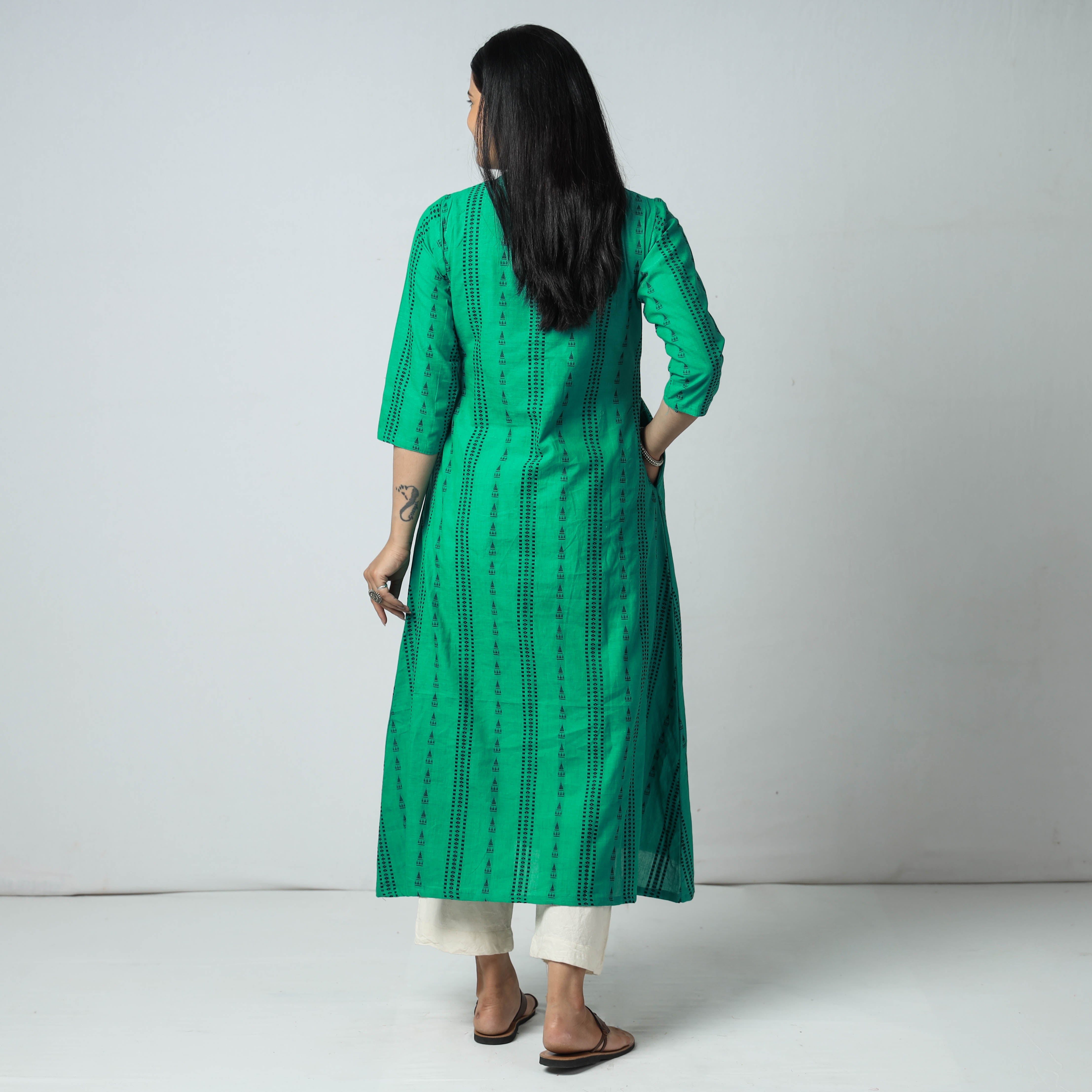 ITOKRI CASUALS Aqua Green - Jacquard Cotton A-Line Long Kurta - view 6