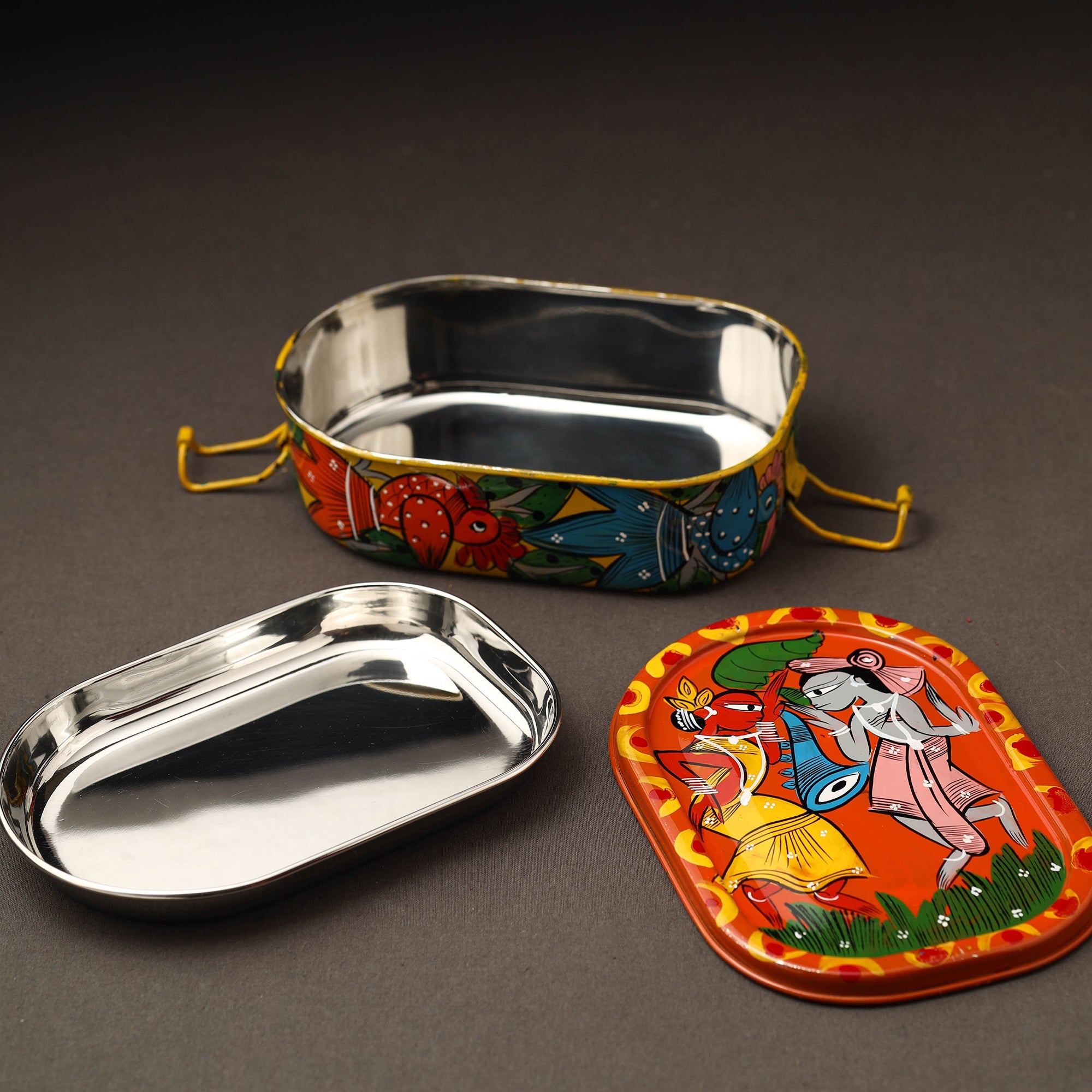 AAYAAS Bengal Patua Handpainted Stainless Steel Rectangle Lunch Box (6 x 4 in) - view 2