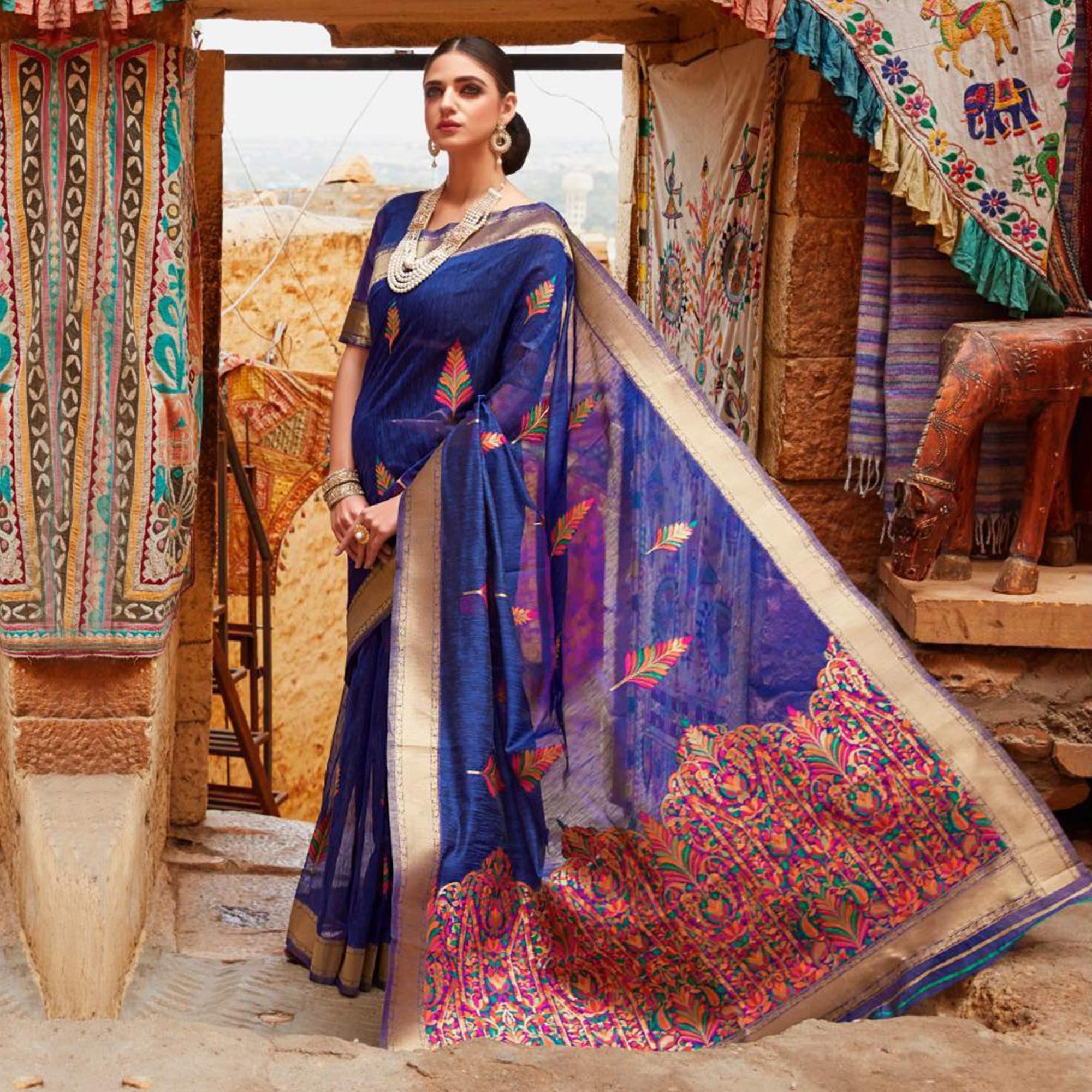 Peachmode Glowing Blue Colored Partywear Printed Linen Saree
