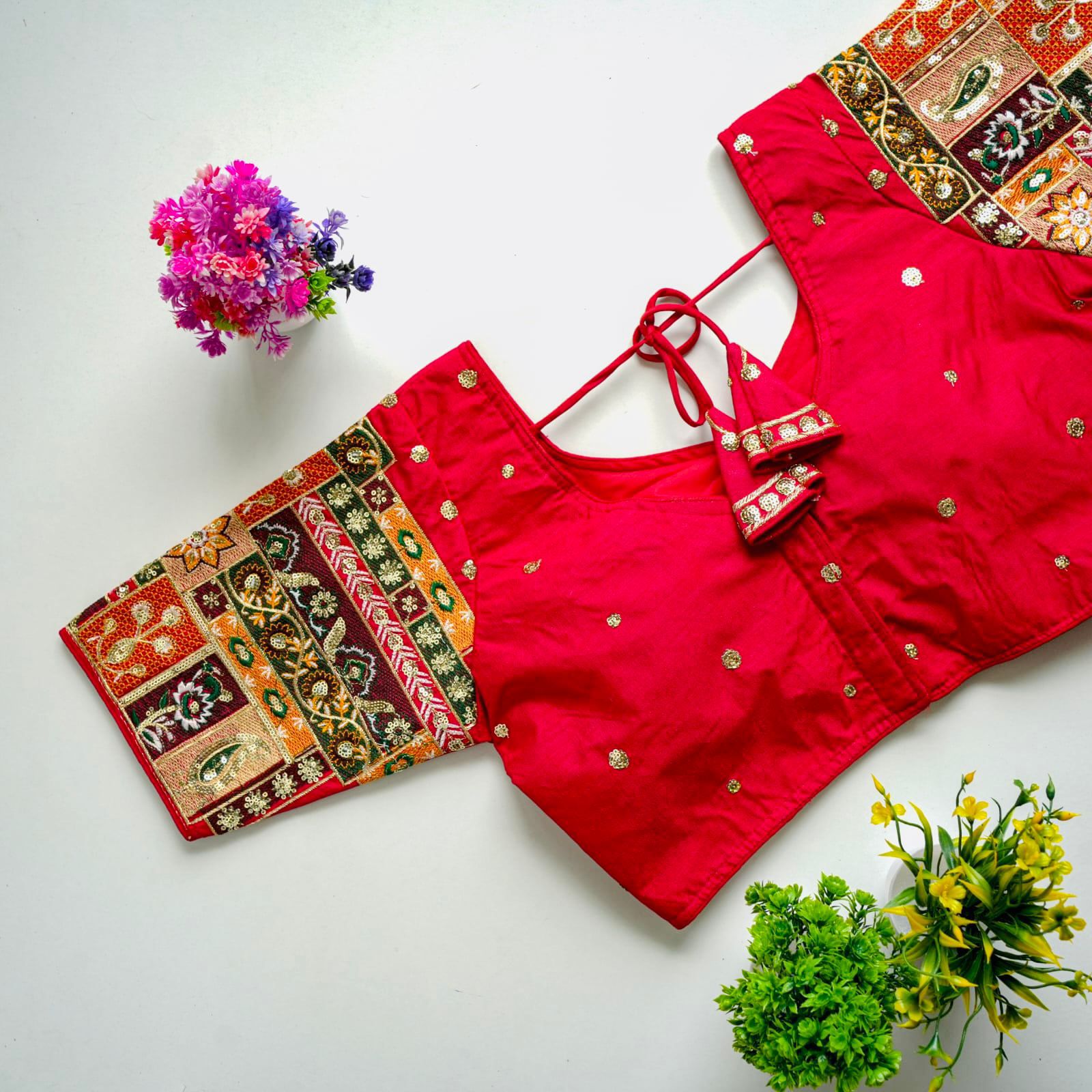 ClothsVilla Red Golden Embroidered Seoul Silk Blouse with Sequins