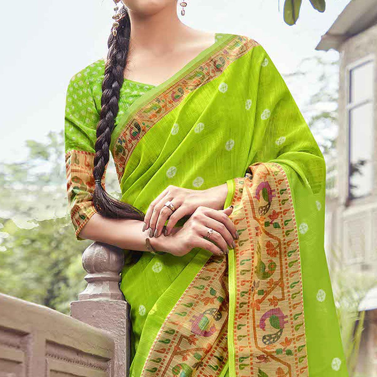 BlackTree green-casual-wear-printed-linen-saree-with-border-119935 - view 2