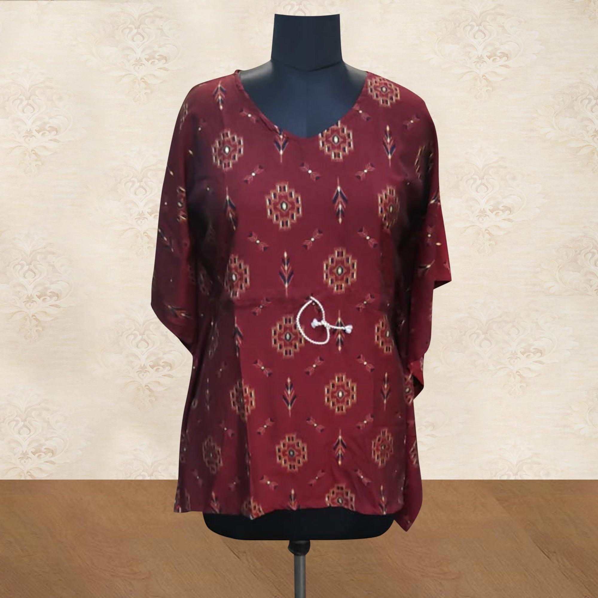 Peachmode Maroon Printed Muslin Kaftan Style Top