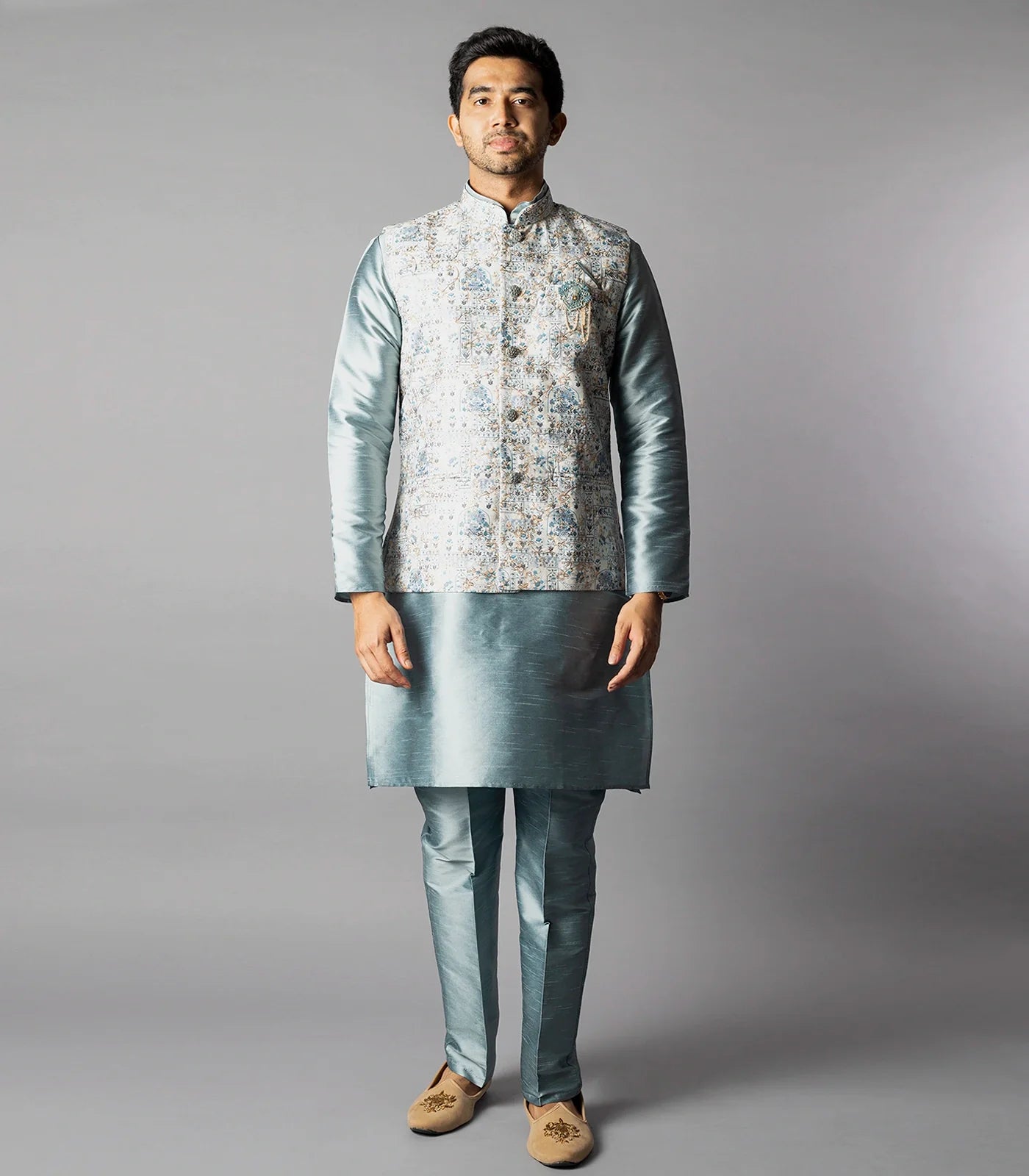 RmKV Light Grey Kurta Set With Straight Fit Pants And Nehru Jacket-Grey