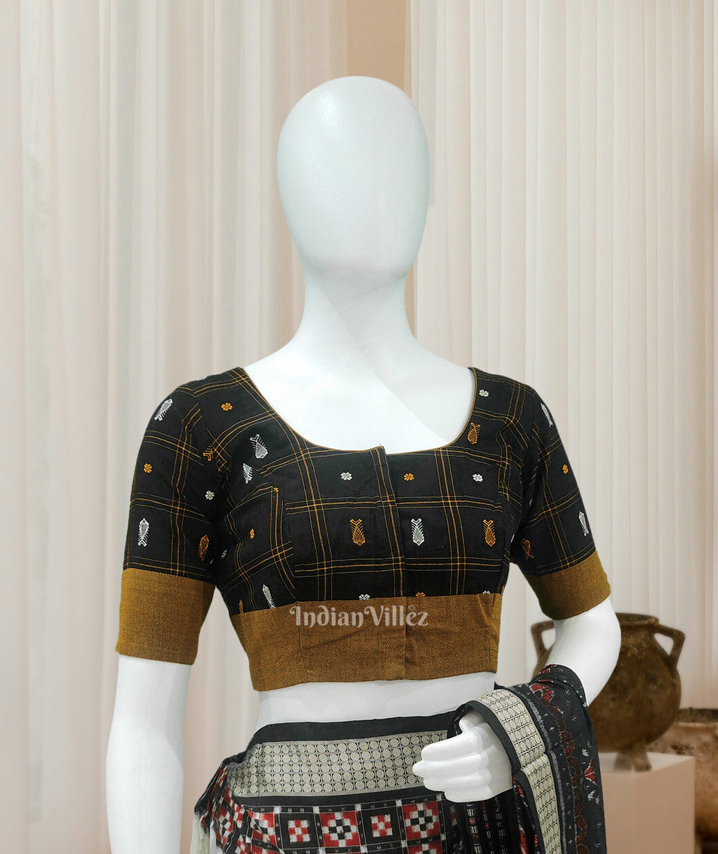IndianVillèz Black Mustard Yellow Fish Motif Bomkai Cotton Blouse